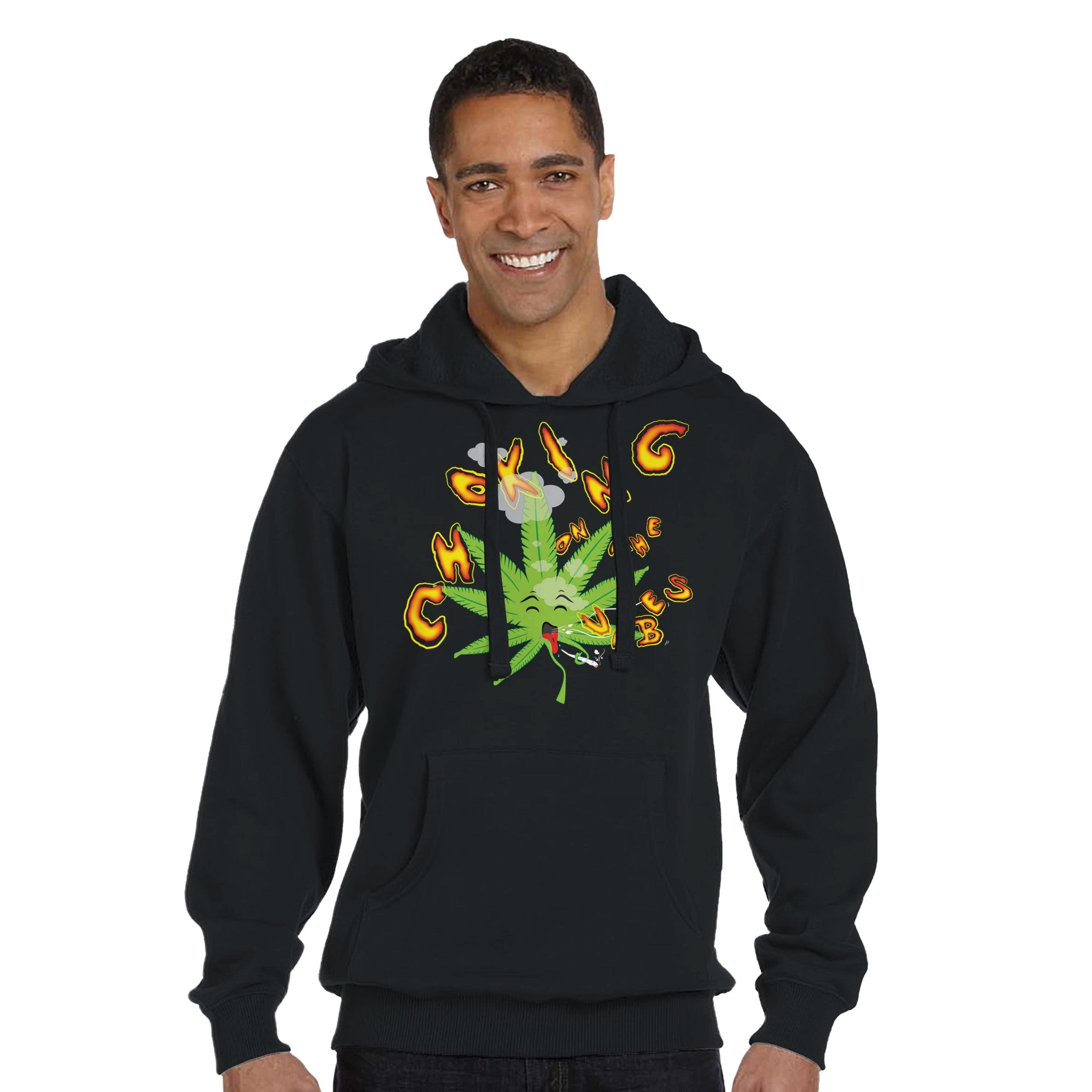 Men's N' Women's 420 Weed Cartoon Organic Black Hoodie, FreeStyle 420 weed Apparel For Men and Women 'Folhita Engasgadita' by an Indie Artist, Front