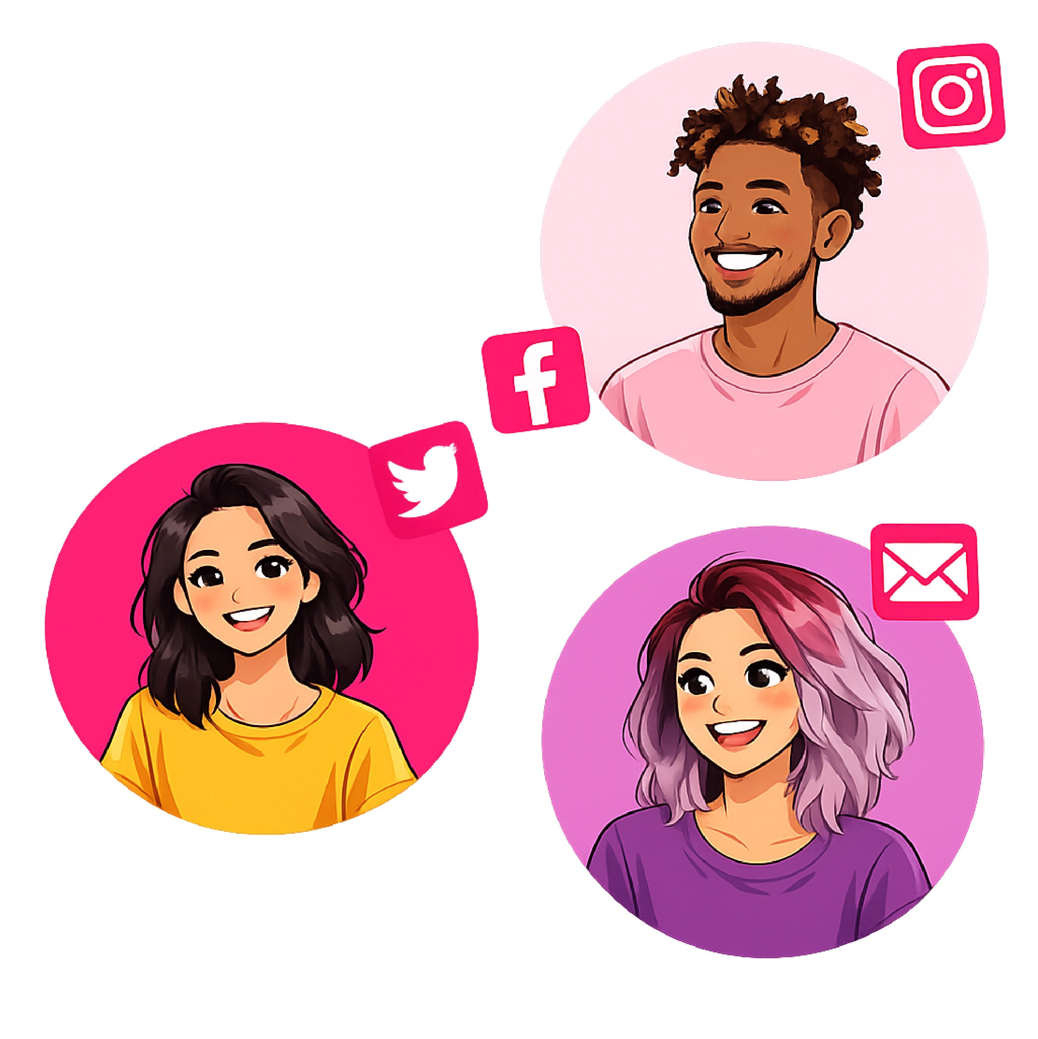 Affiliate Program Cover of three people with social media icons around them on a white background