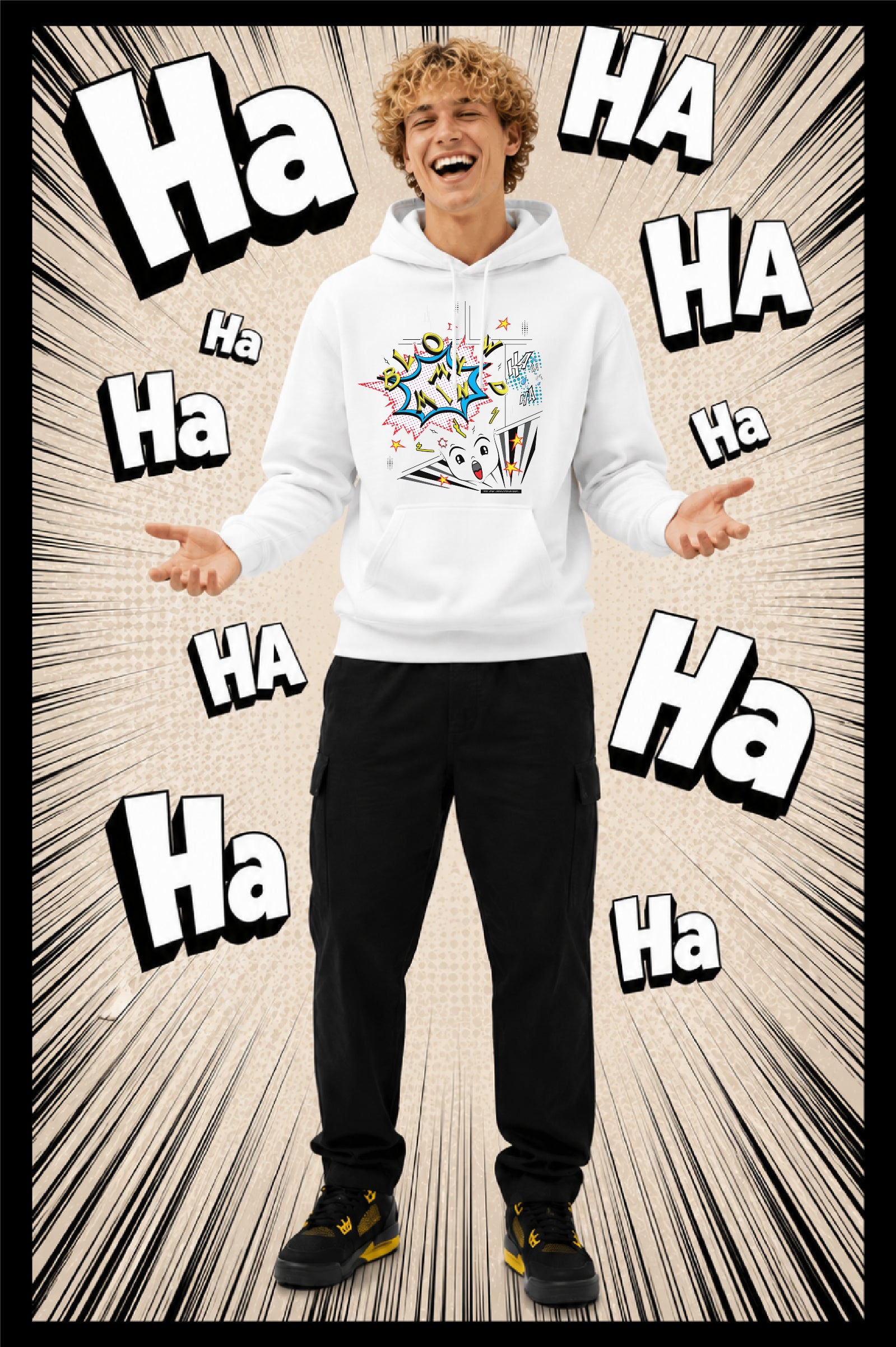 A man wearing a white pullover hoodie with a colorful comic graphic on the chest, paired with black cargo pants and black sneakers with yellow accents. The background is a comic-style black and white burst pattern filled with the word 'Ha Ha'.