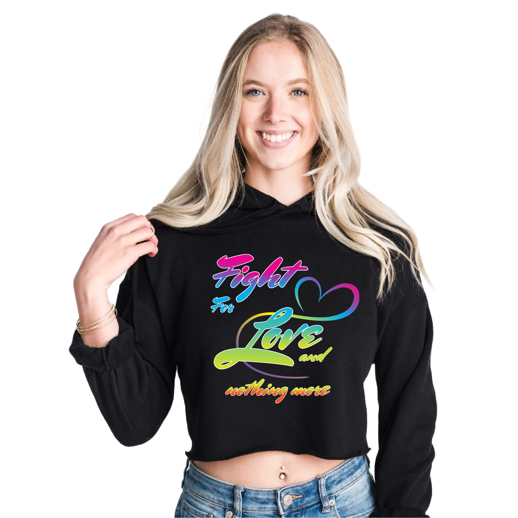 Fight For Love Slogan Black Crop Hoodie | Light and Soft Premium Cotton-Poly Fleece Blend | Women&