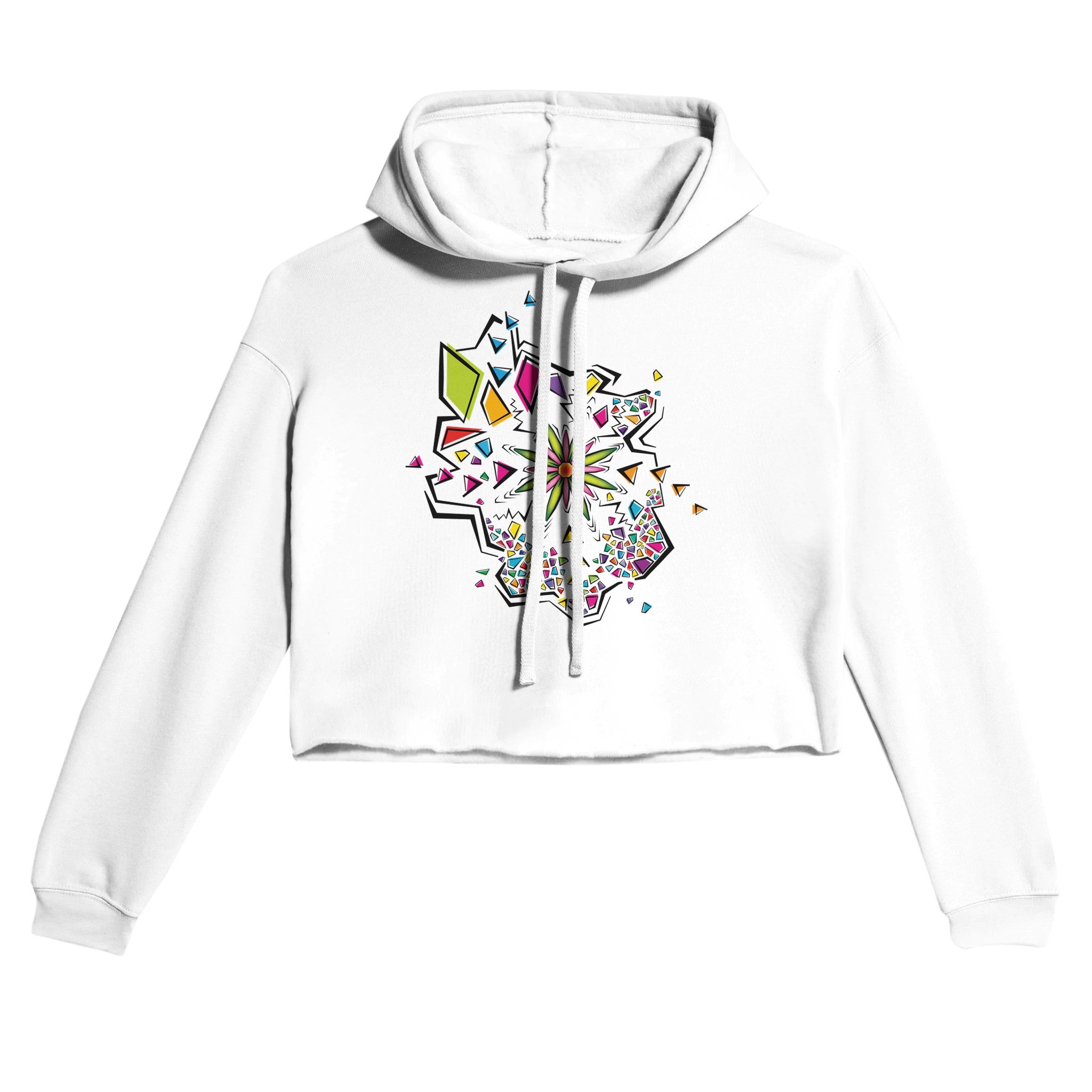 Flower Explosion Colorful Design Light and Soft Premium Cotton-Poly White Crop Hoodie | Women&