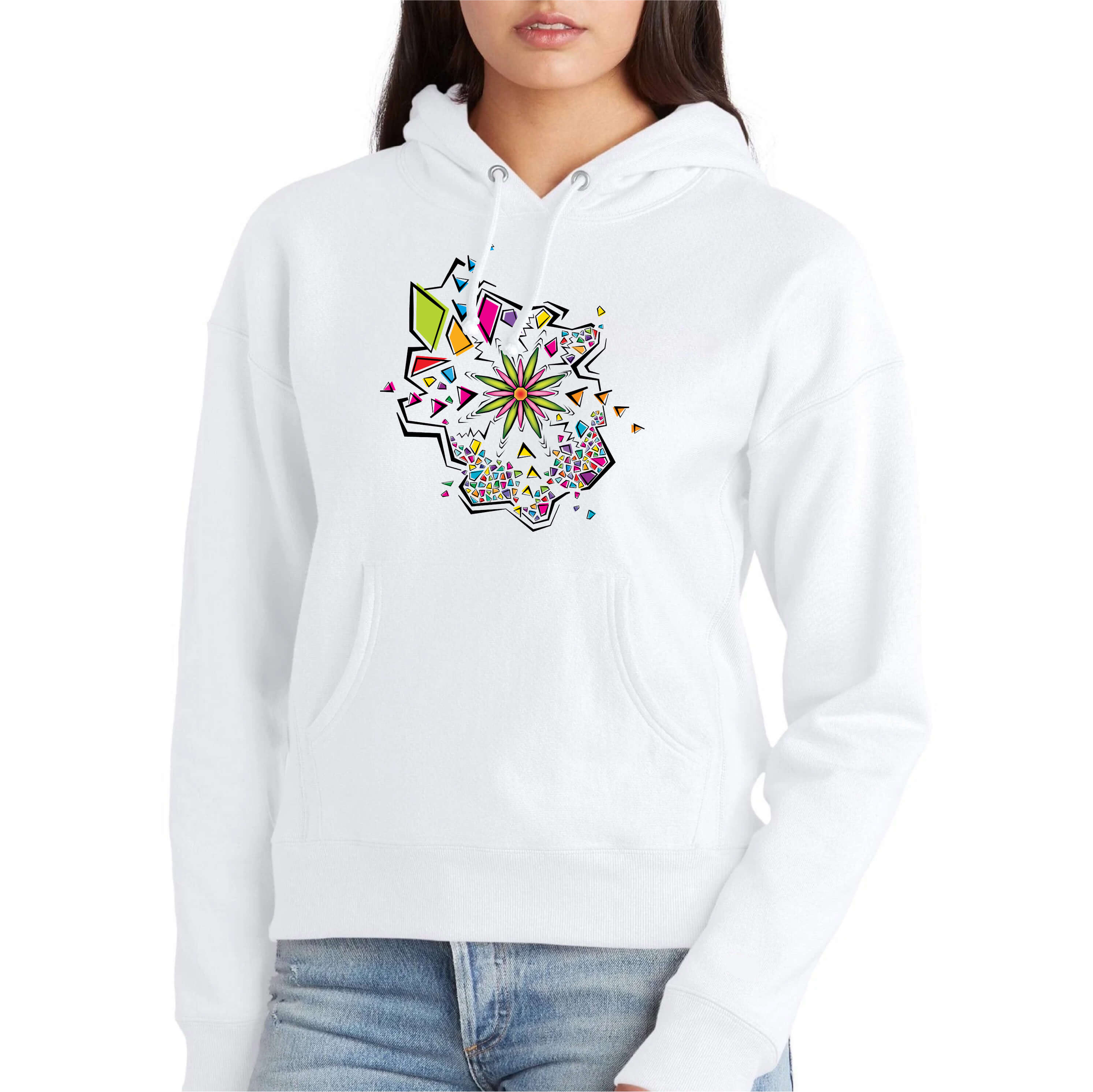 Flower Explosion Design Soft Premium Heavyweight White Hoodie | Colorful Flower Design | Women&