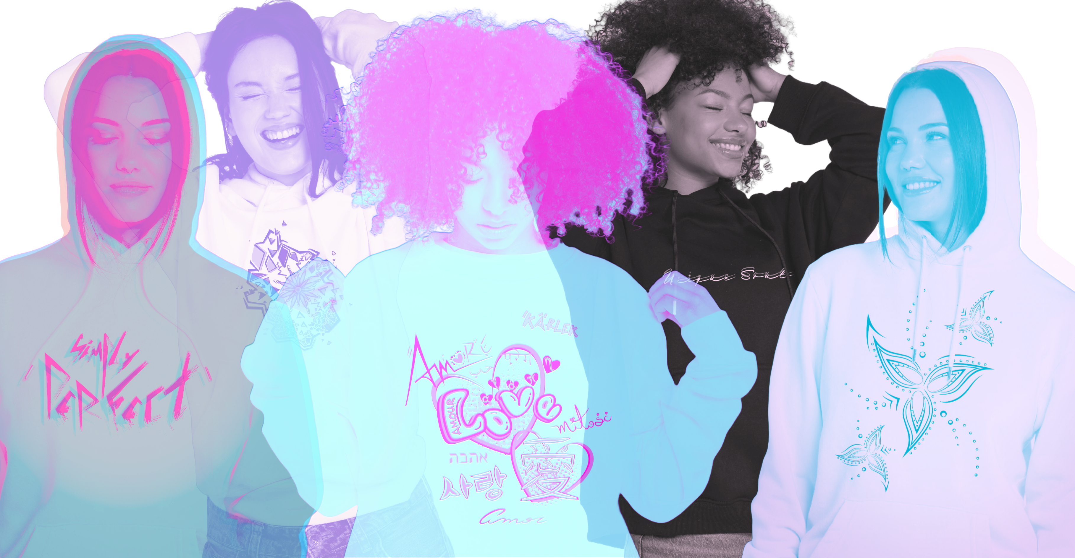 People wearing hoodies with colorful graphic designs for women