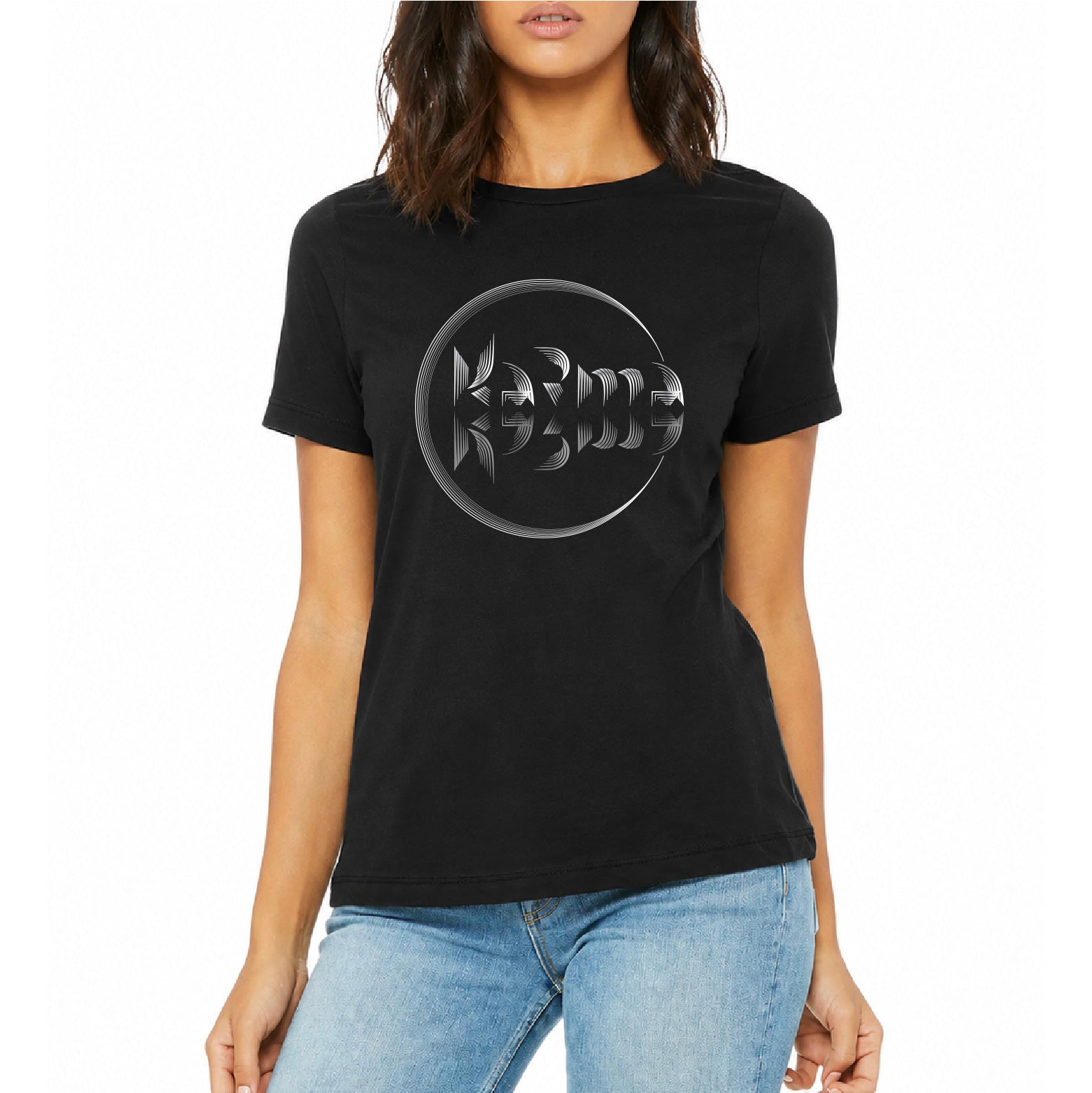 Woman wearing a black t-shirt with a Karma logo on a white background