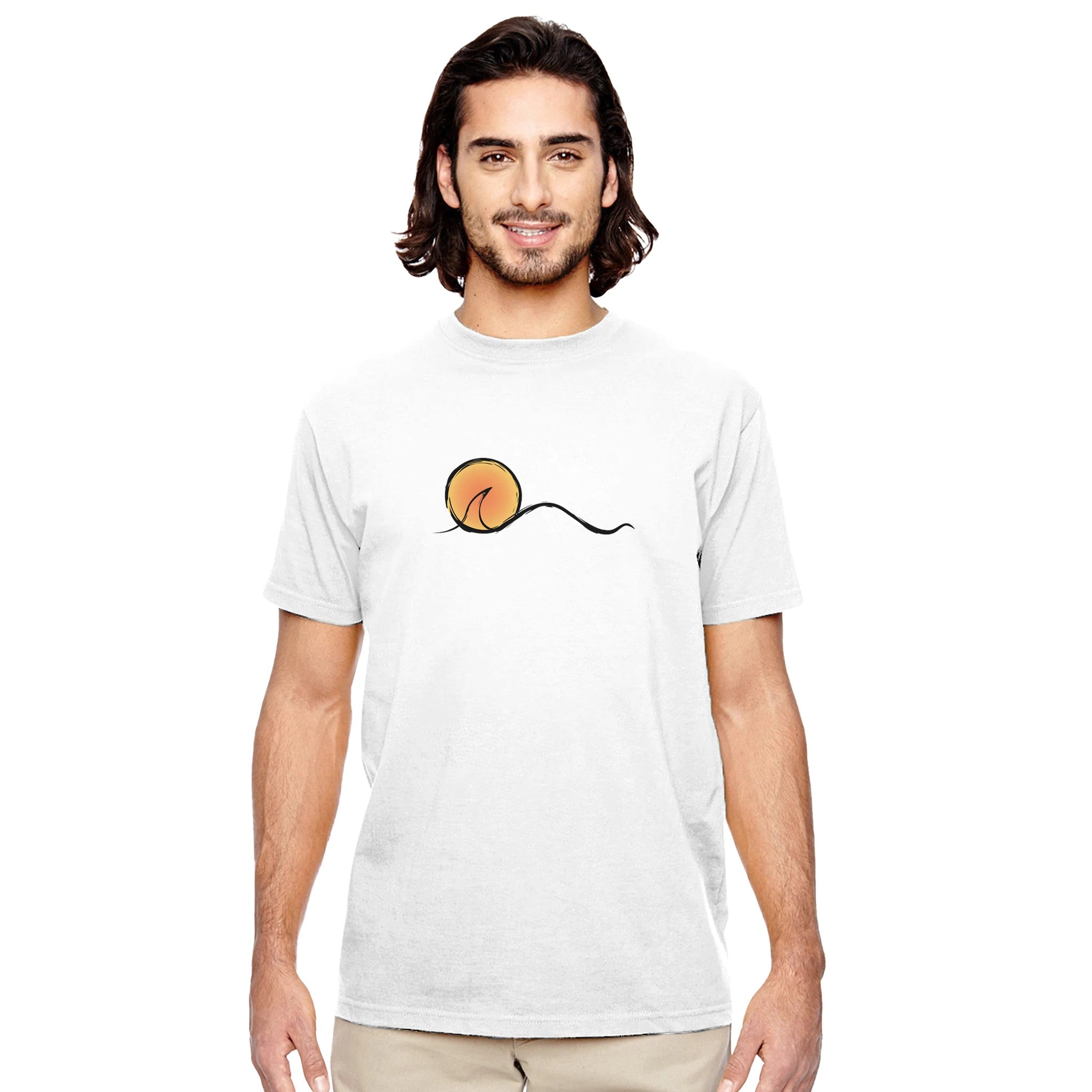 Men's Sunset Organic White T-shirt, Freestyle Surf Apparel by an Indie Artist, Front