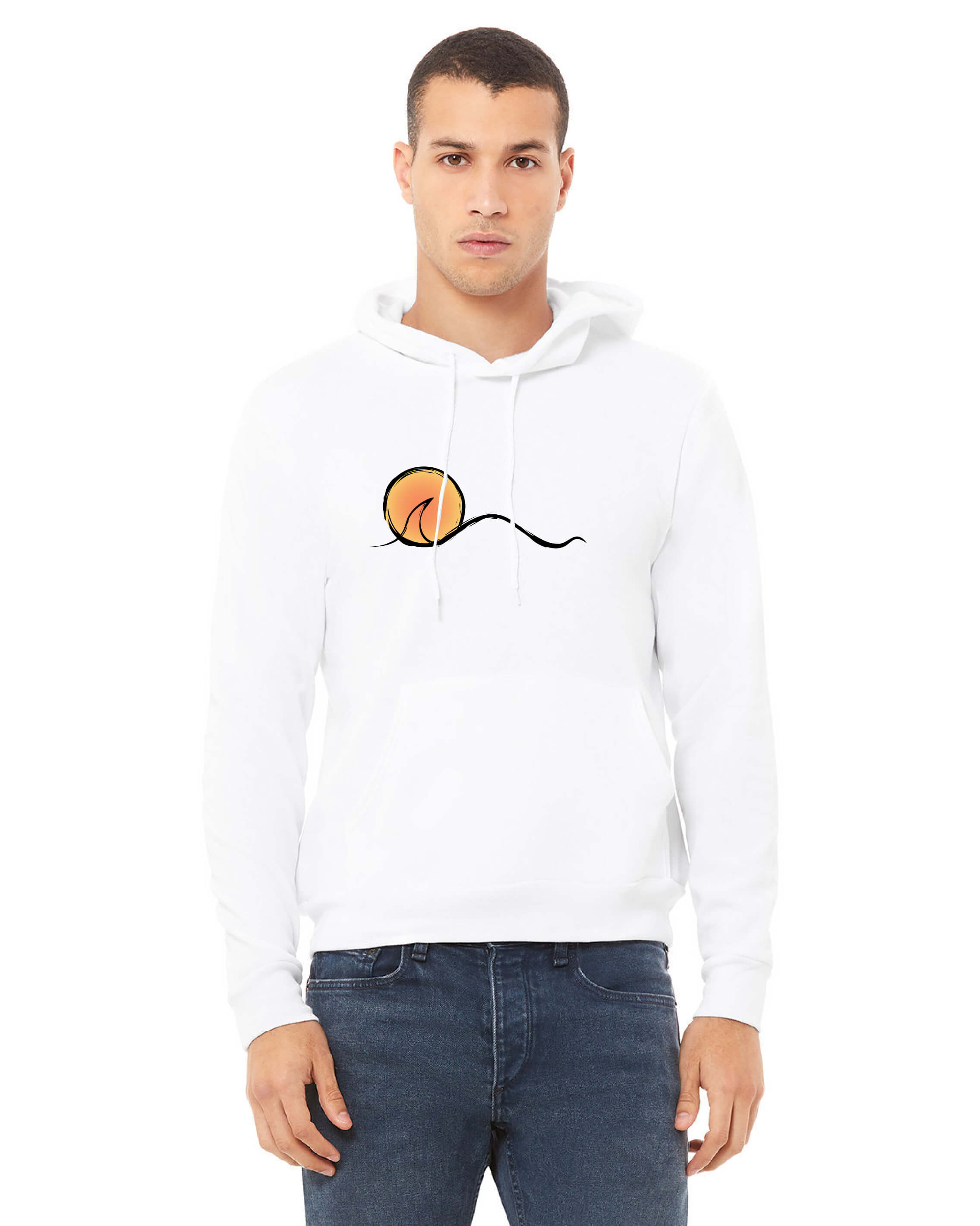 Men's Sunset Graphic White Hoodie | Street Surf Outfit For Men | Freestyle Sunset Design | Soft Premium Cotton-Poly Fleece | Street Urban Surf Style by Indie Artist | Front