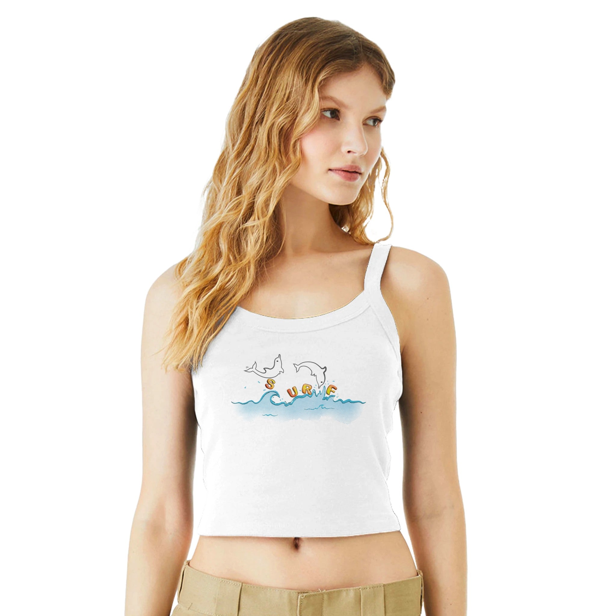 Playful Surf Dolphins Design Street Surf Look Light and Soft Premium Cotton White Strap Top | Women&