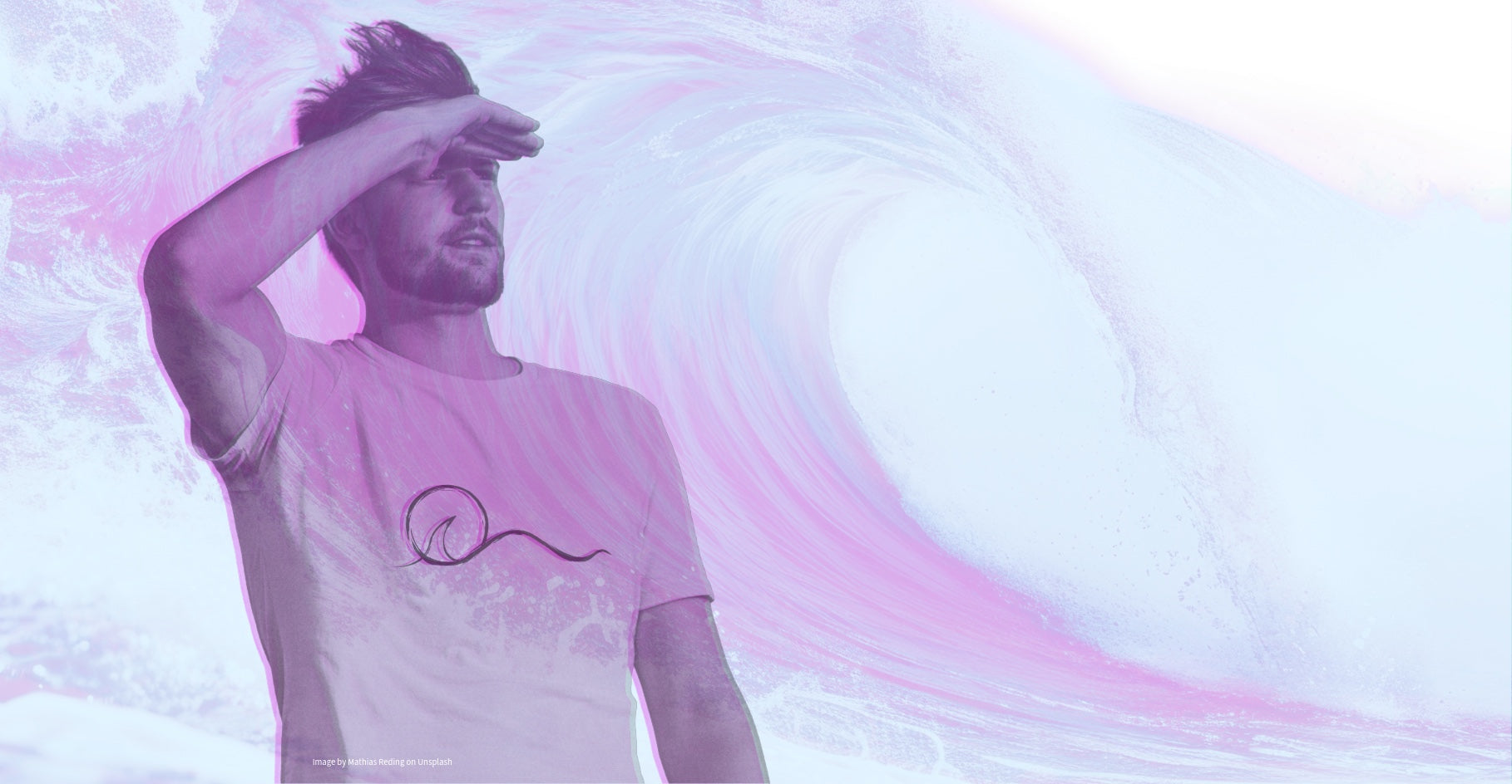 Man wearing a white t-shirt with wave design and sun graphic