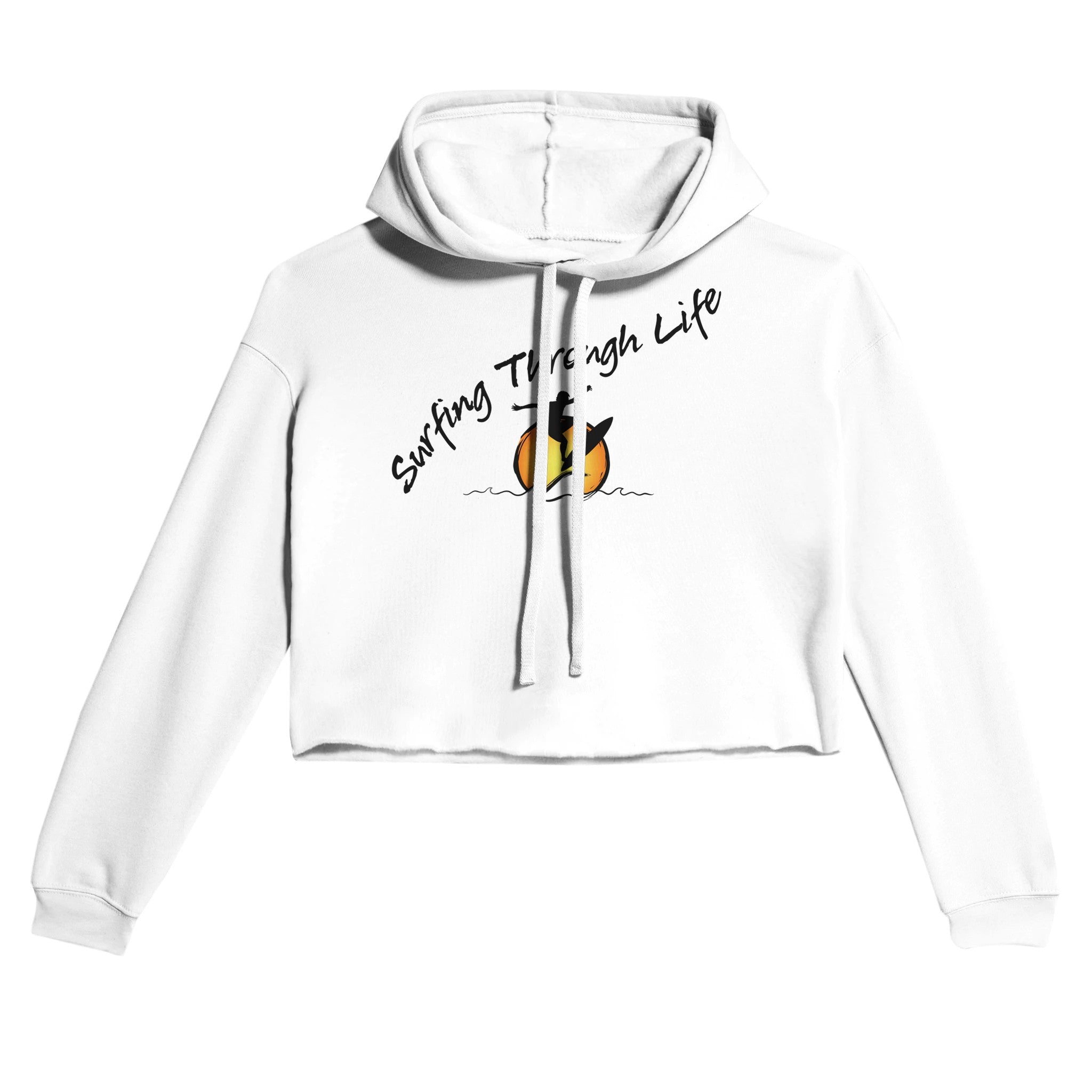 Surfing Through Life Premium White Crop Hoodie, Freestyle Beach Slogan Apparel by an Indie Artist, Front 1