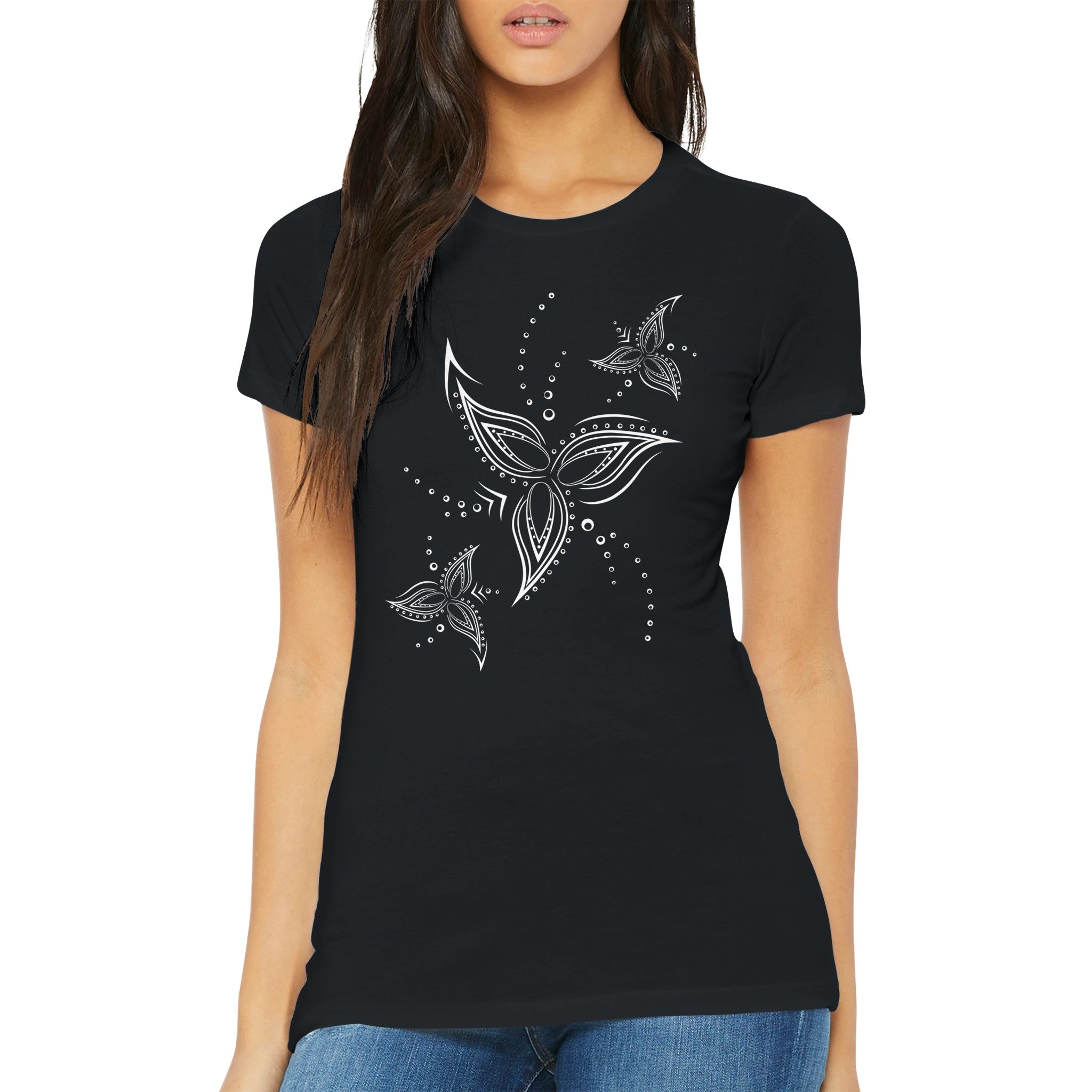 Women's Tribal Line Flower Slim Black T-shirt, FreeStyle Flower Graphic Apparel by an Indie Artist, Front