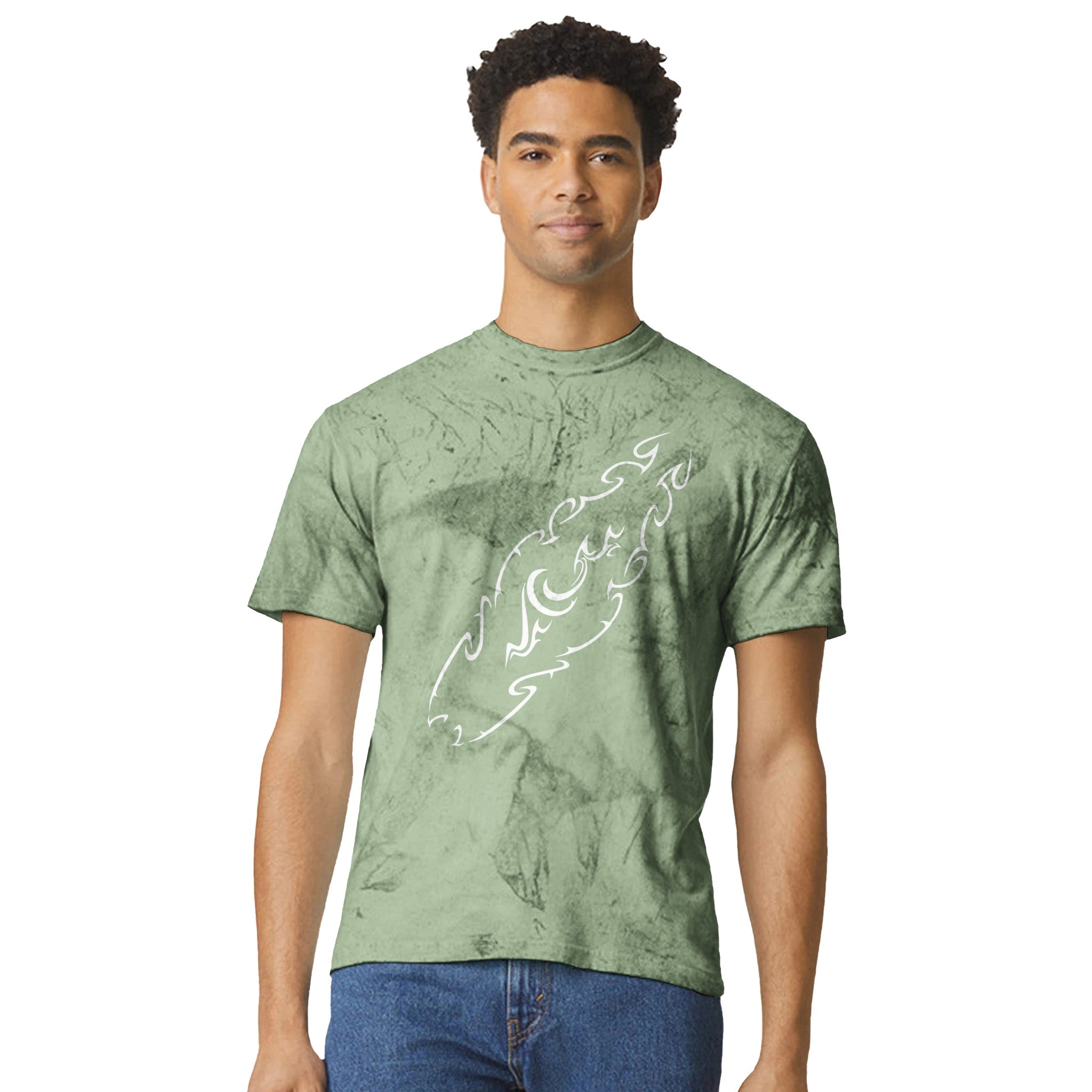 Unisex Tribal Surfboard Fern Color Blast T-shirt, FreeStyle Tribal Surf Apparel by an Indie Artist, Front 2