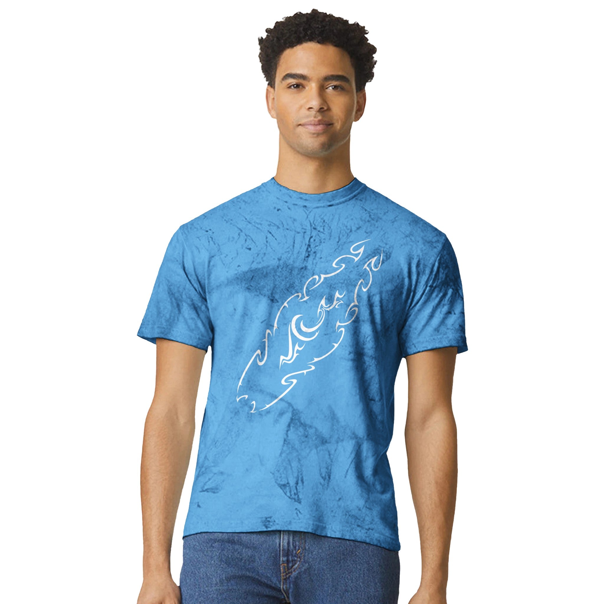 Unisex Tribal Surfboard Fiji Blue Color Blast T-shirt, FreeStyle Tribal Surf Apparel by an Indie Artist, Front 3