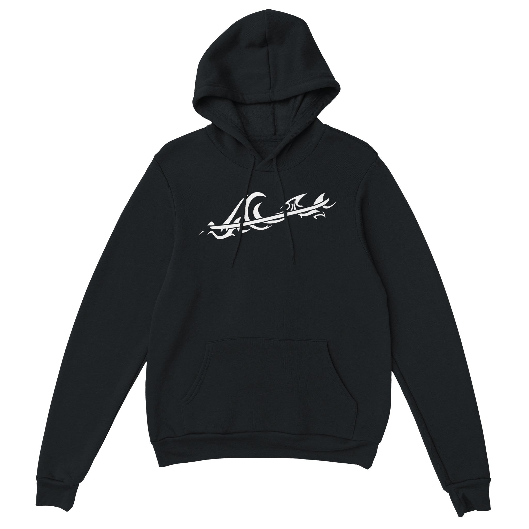 Unisex Tribal Wave Classic Black Hoodie, Freestyle Tribal Surf Apparel by an Indie Artist, Front 2