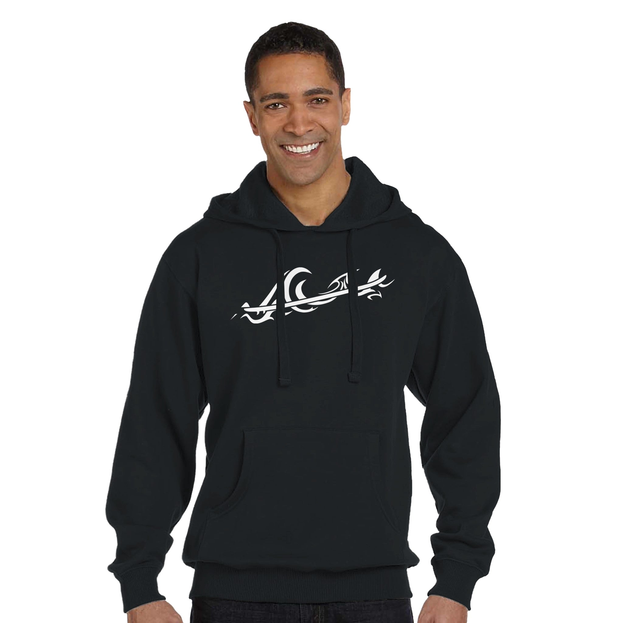 Unisex Tribal Wave Eco-Friendly Black Hoodie, FreeStyle Tribal Surf Apparel by an Indie Artist, Front