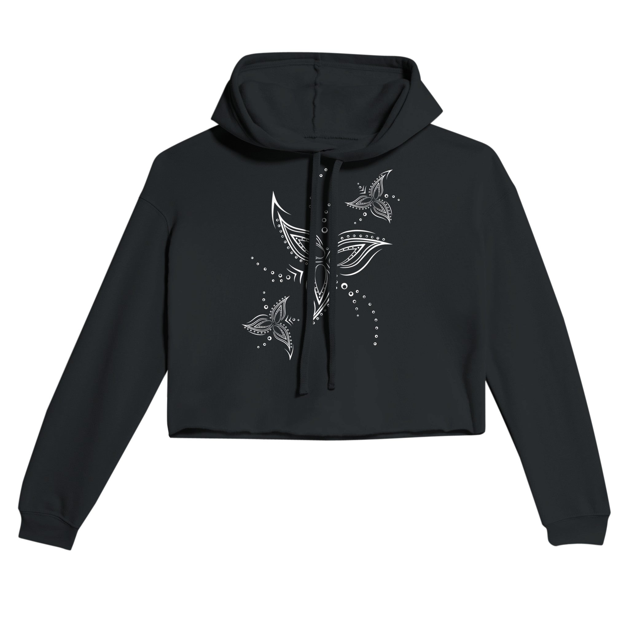 Tribal Flower Line Art Black Crop Hoodie | Light and Soft Premium Cotton-Poly Fleece Blend | Women&
