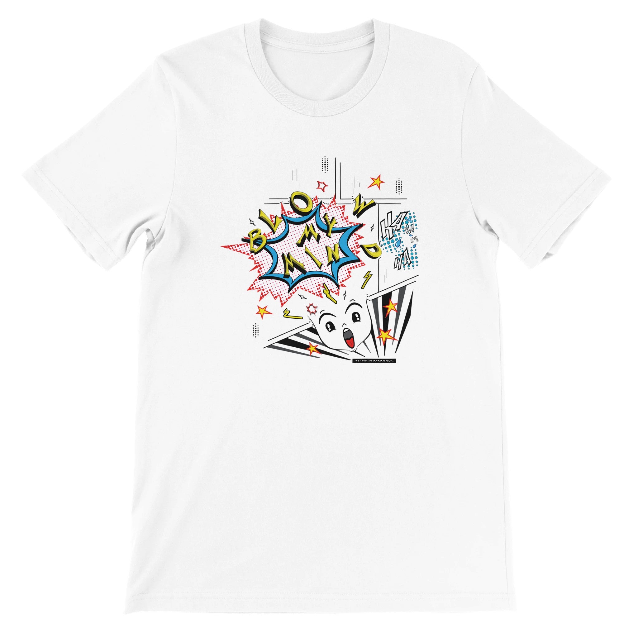 Unisex Blow My Mind Comic Classic White T-shirt, Fun Comic Book Style Apparel, FreeStyle Comic Design, by Indie Artist, Front 2