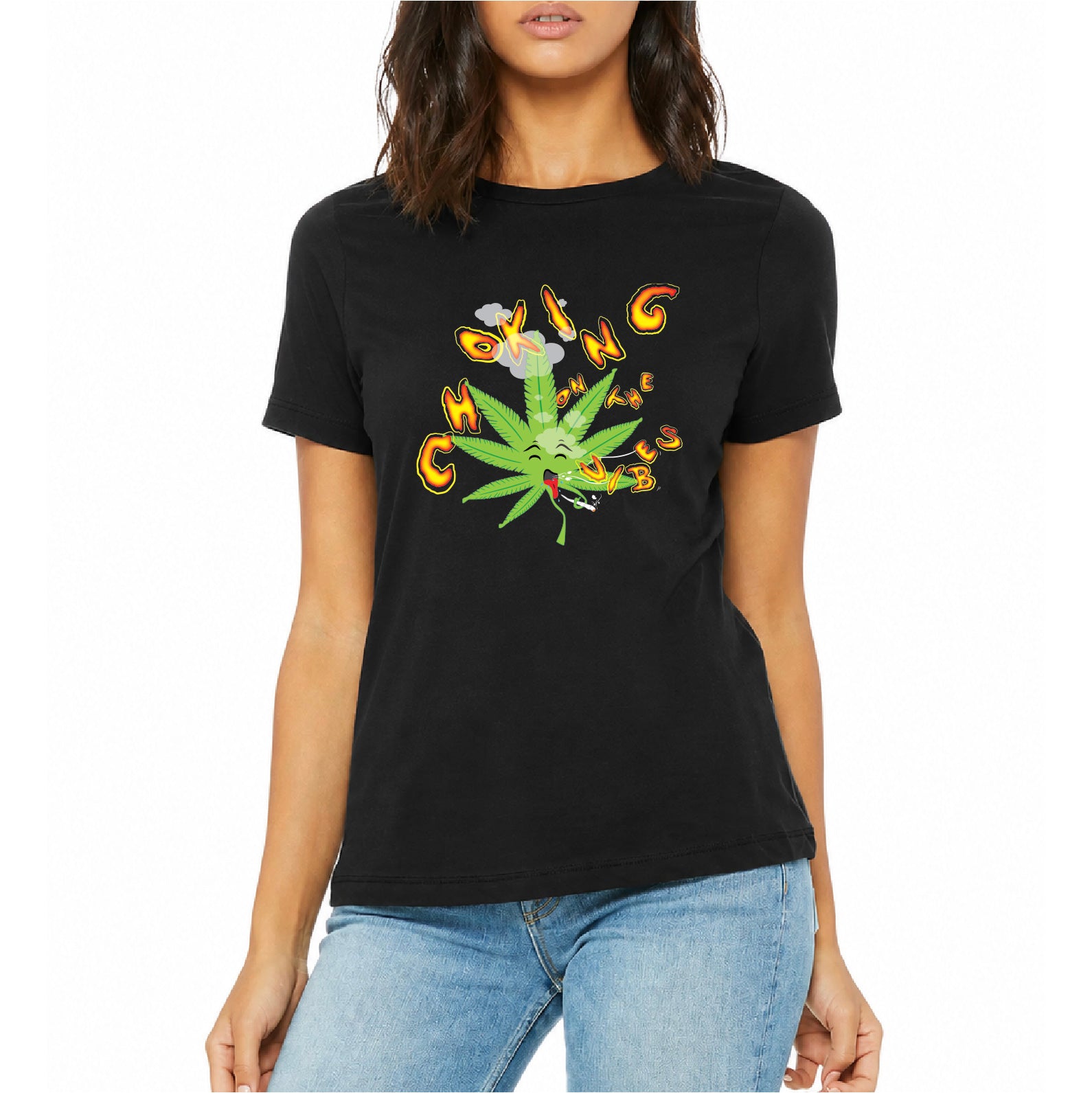 Woman wearing a black t-shirt with a design of a cartoon hemp leaf choking smoking weed.