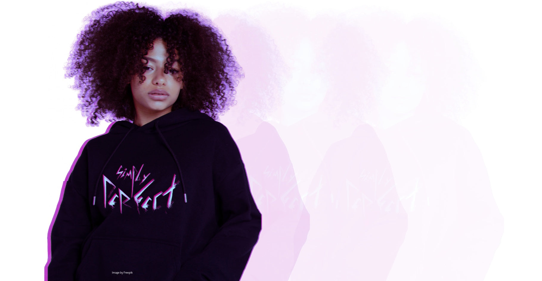 Woman wearing black hoodie with “Simply Perfect” punk style slogan design.