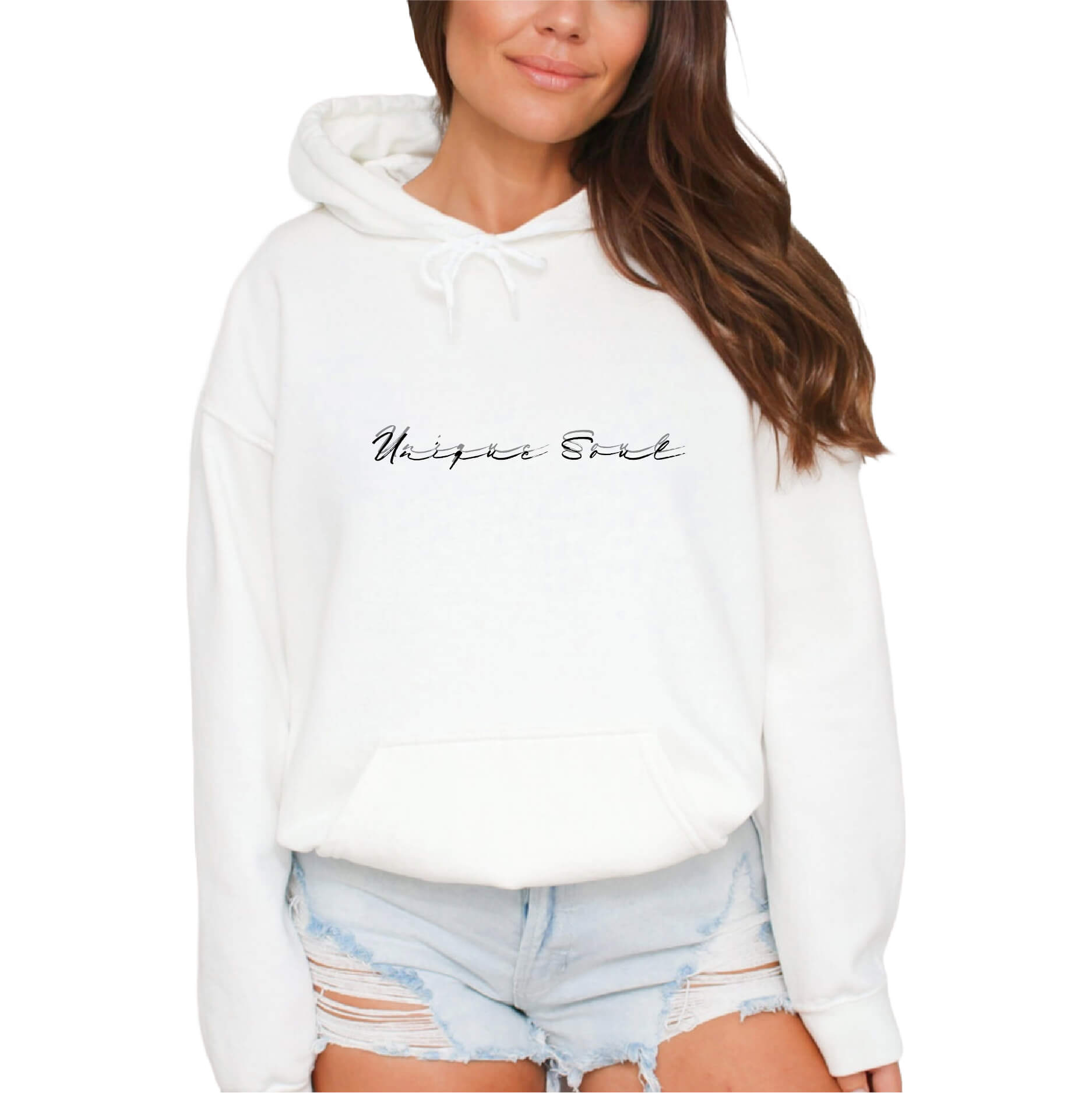 Women's Classic White Heavy-Blend Hoodie, Unique Soul Slogan Graphic, Front