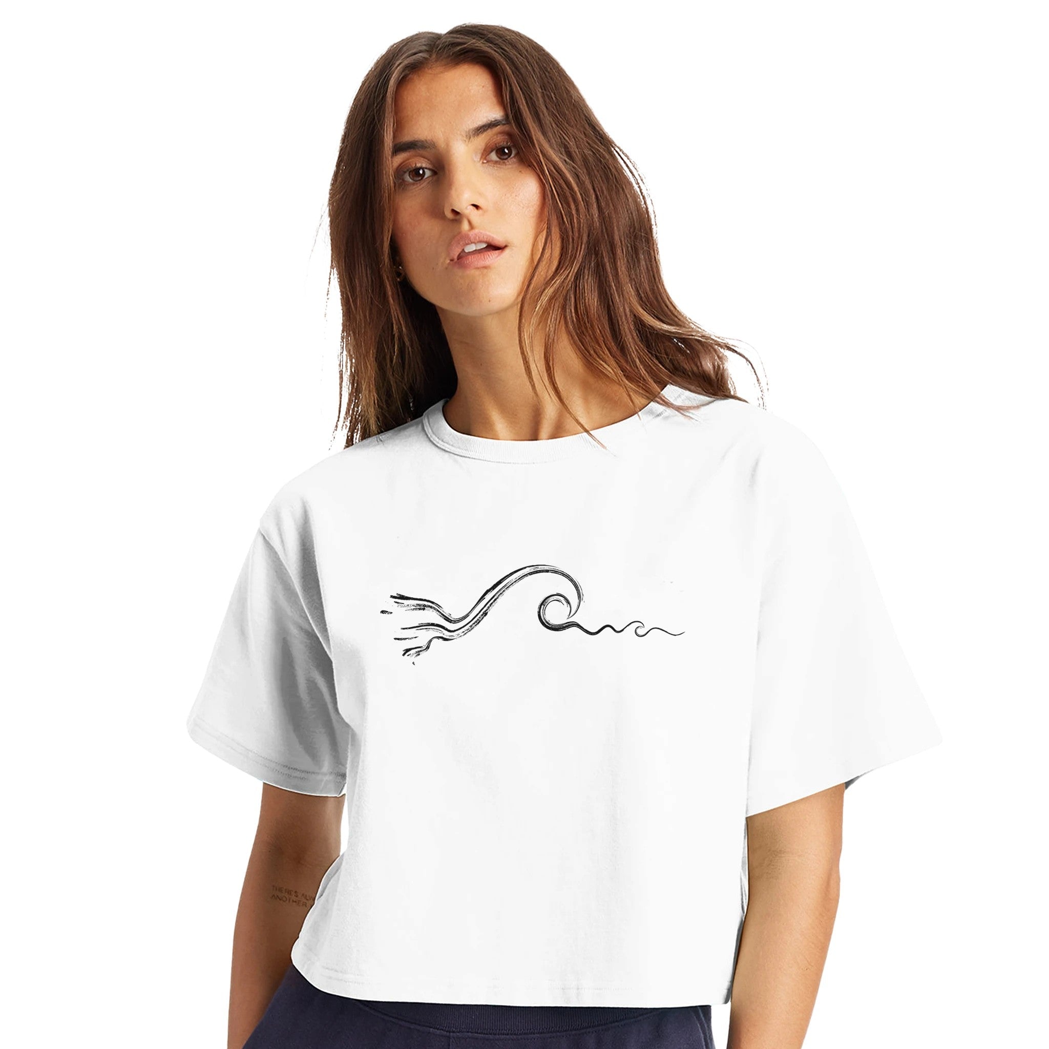 Women's Classic White Jersey Surf Crop Top, Wave Graphic, Front