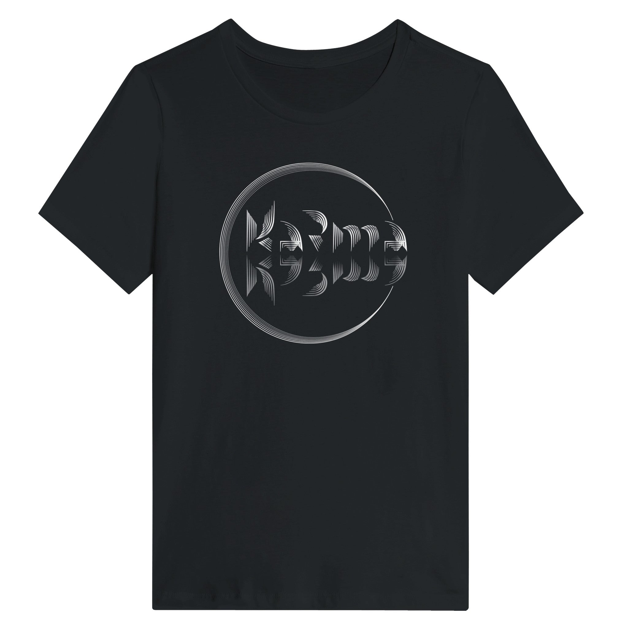 Woman wearing a black t-shirt with a Karma logo on a white background