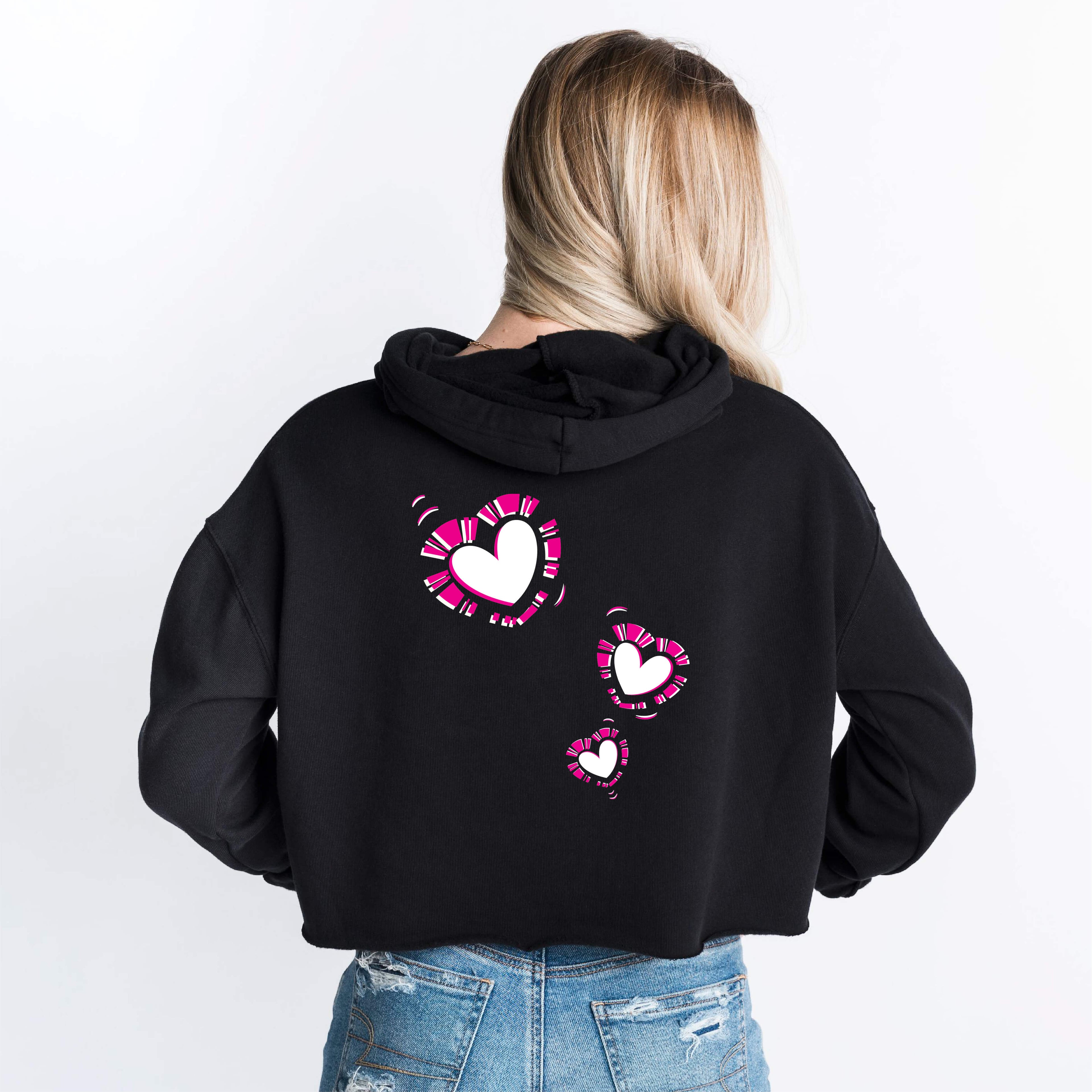 Women's Love is Love Heart Design Black Crop Hoodie | Women's Love Apparel | FreeStyle Inspiring Love Design | Light and Soft Premium Cotton-Poly Fleece Blend | Laidback Fashion Urban by an Indie Artist | Back