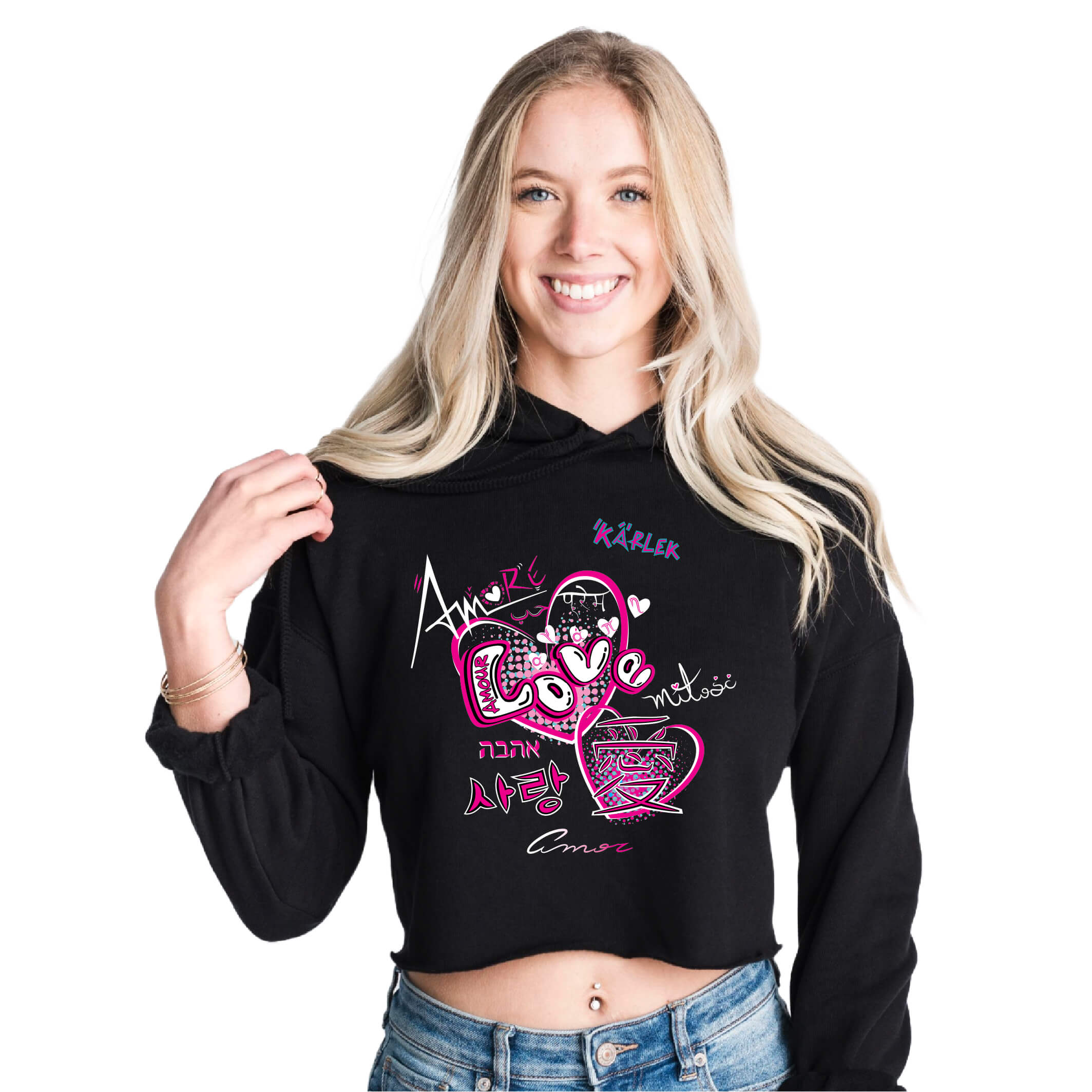 Women's Love is Love Heart Design Black Crop Hoodie | Women's Love Apparel | FreeStyle Inspiring Love Design | Light and Soft Premium Cotton-Poly Fleece Blend | Laidback Fashion Urban by an Indie Artist | Front