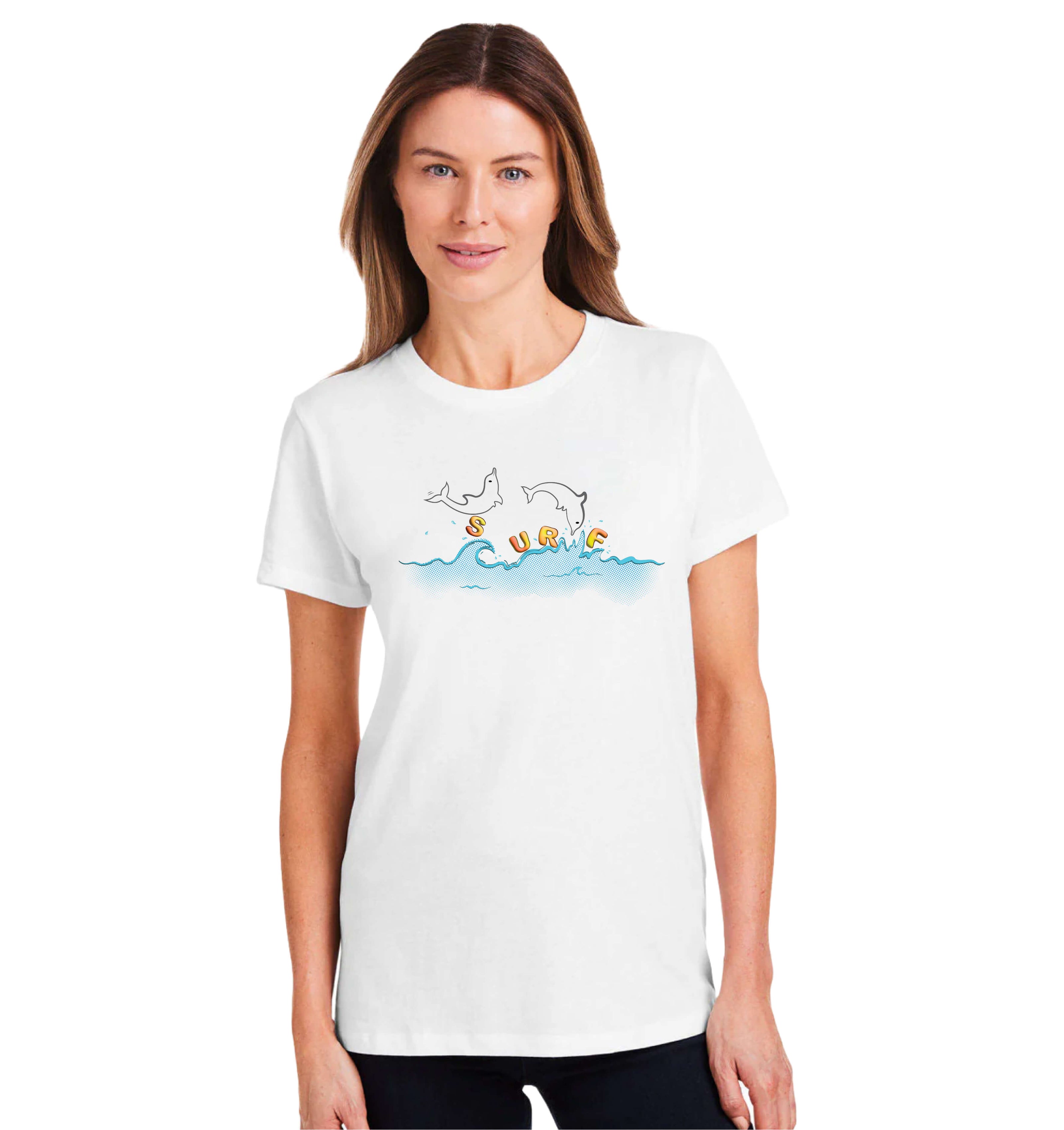 Women's Playful Dolphins Graphic T-shirt | Street Surf Outfit For Women | Freestyle Dolphin Design | Lightweight Premium Cotton-Poly Blend  | Relaxed Casual Summer Style by an Indie Artist | Front