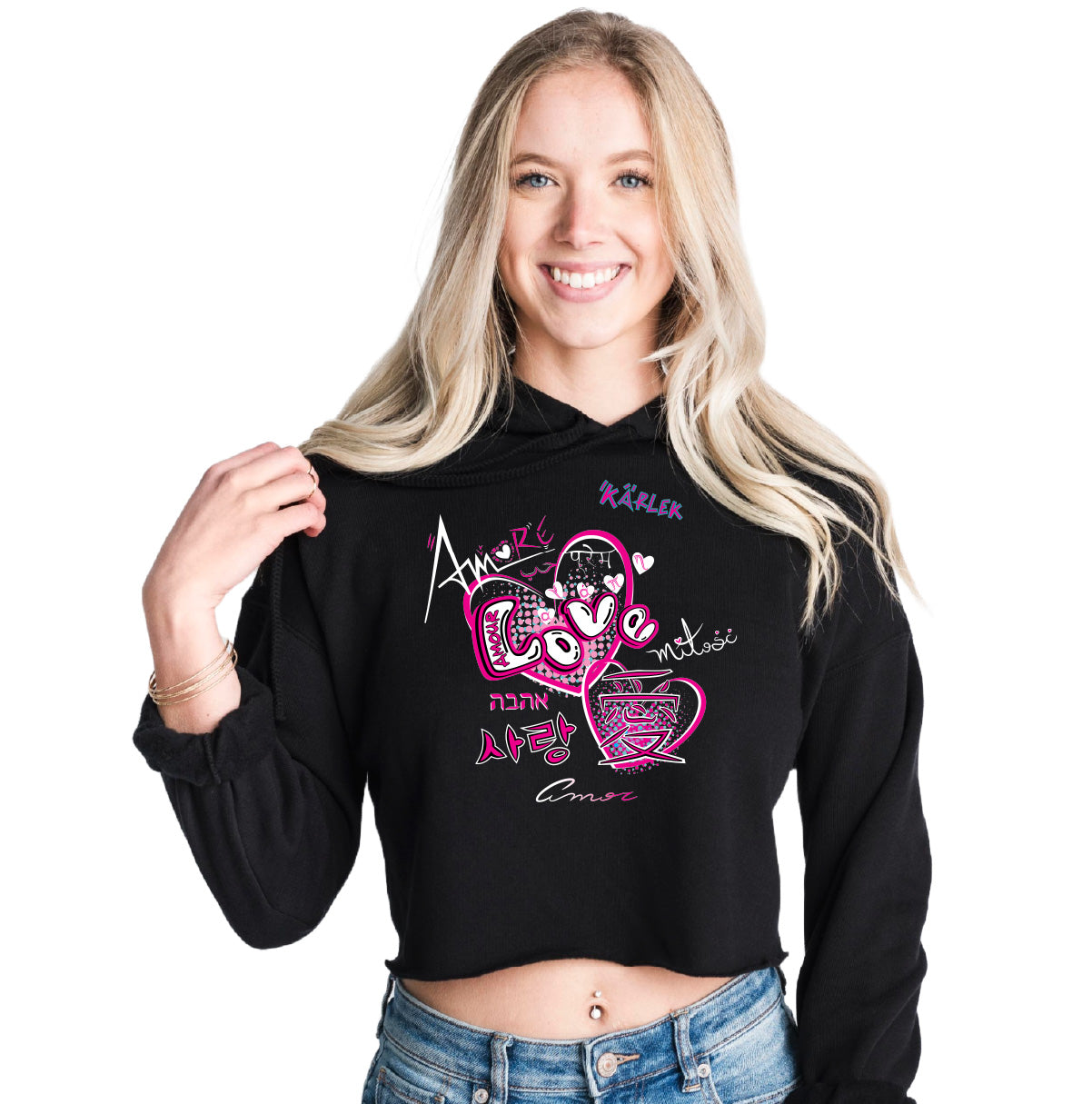 Women’s Premium Drop Shoulder Black Crop Hoodie, FreeStyle Love is Love Design, Front