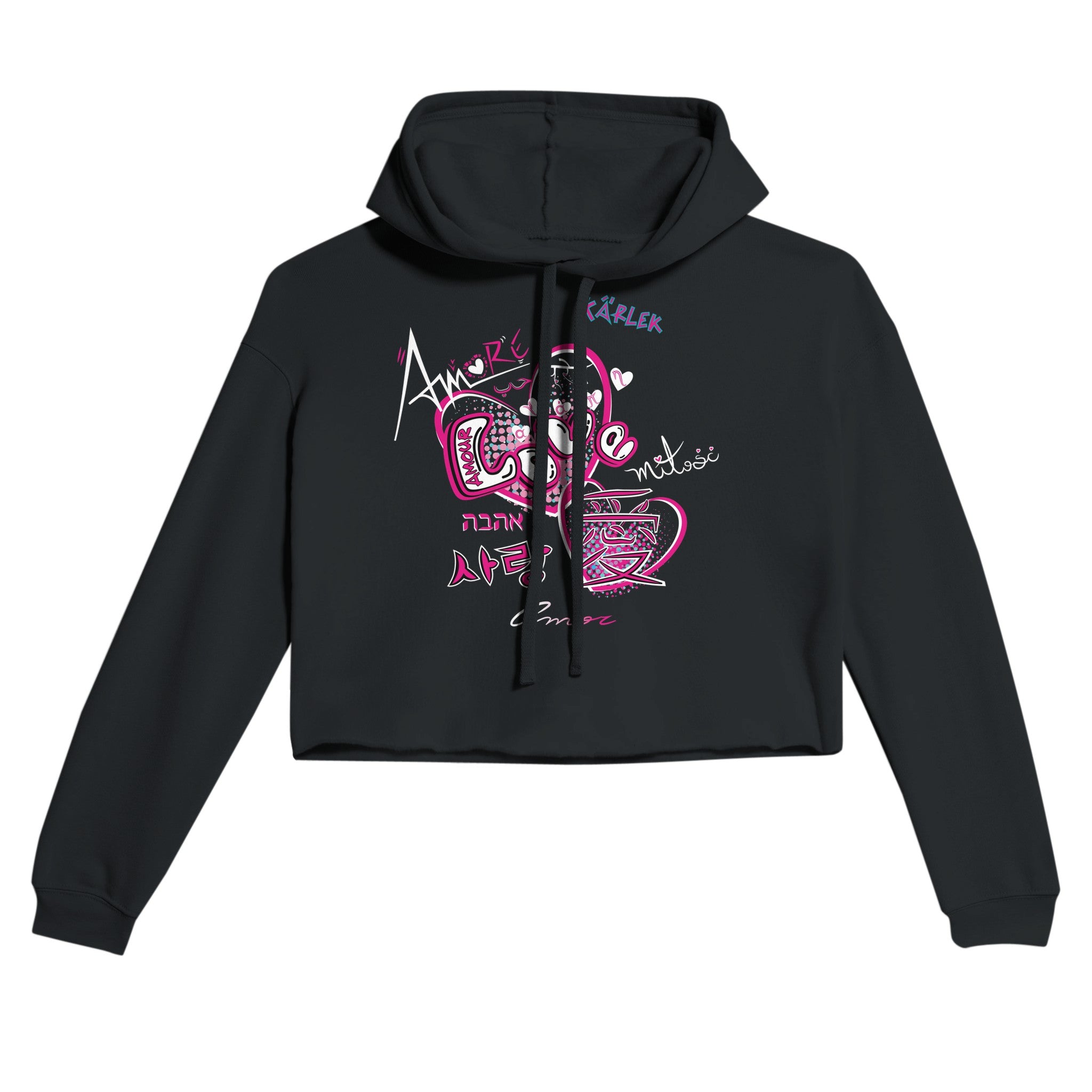 Women’s Premium Drop Shoulder Black Crop Hoodie, FreeStyle Love is Love Design, Front View