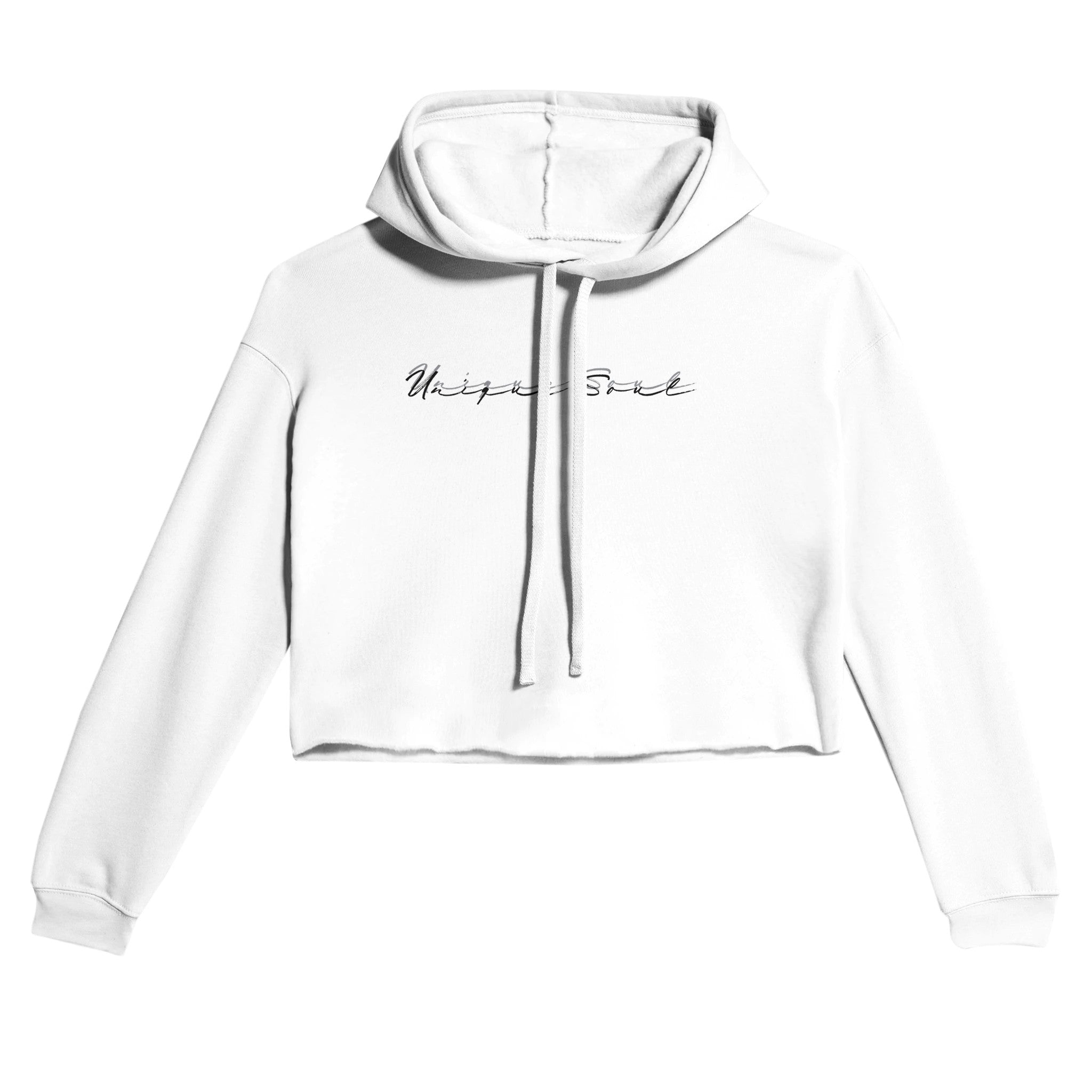 Women’s Premium Drop Shoulder White Crop Hoodie, Unique Soul Slogan Graphic ,Front 1