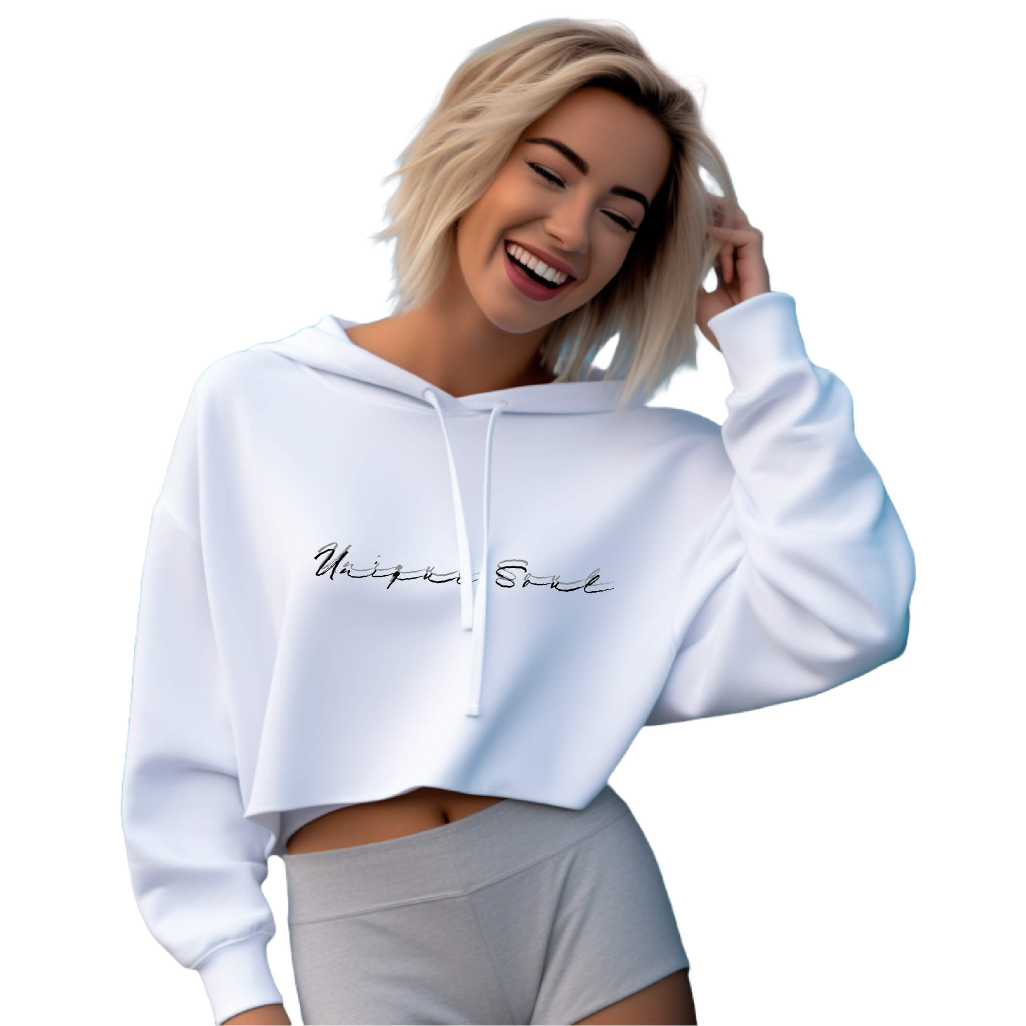 Women’s Premium Drop Shoulder White Crop Hoodie, Unique Soul Slogan Graphic ,Front