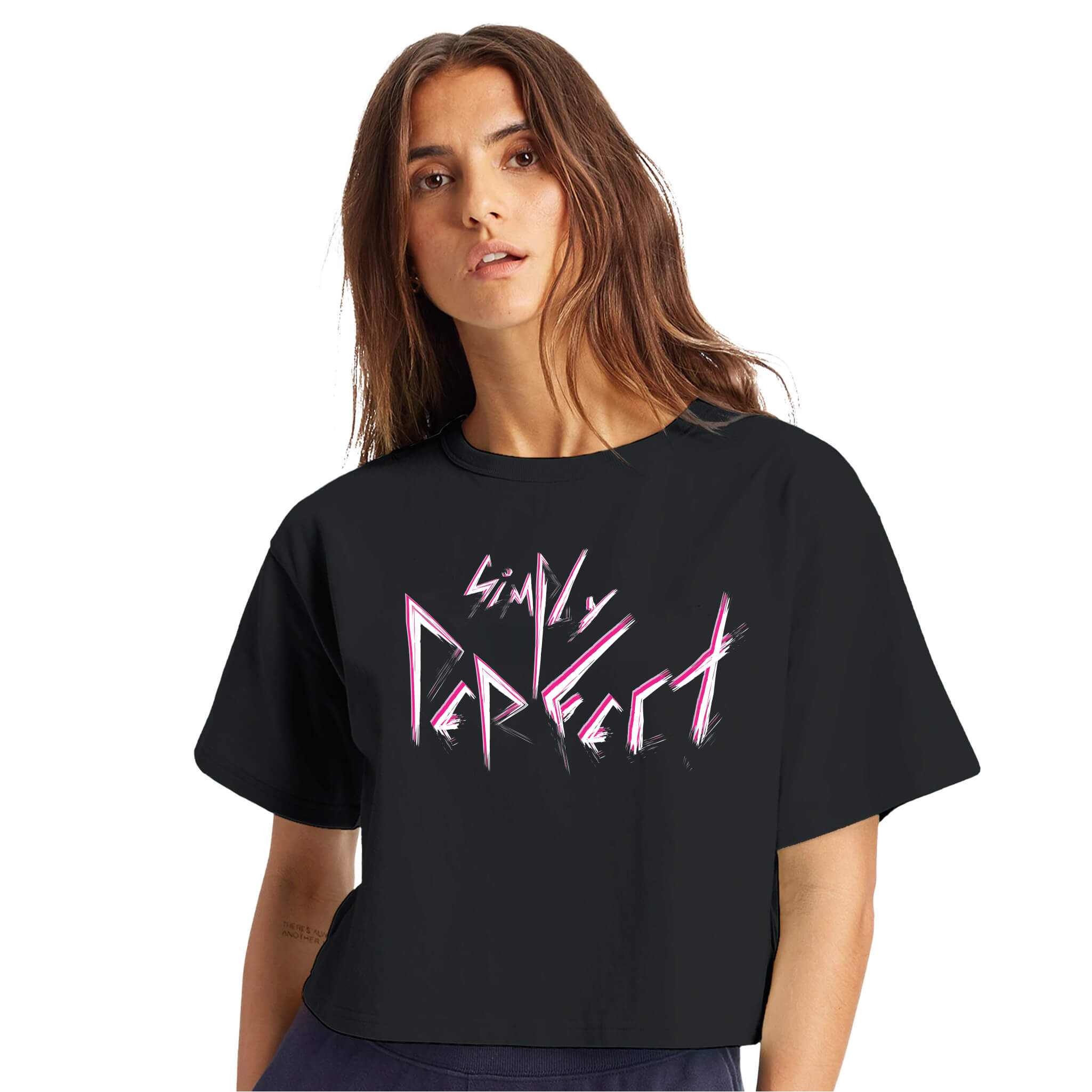 Women's Simply Perfect Punk Slogan Black Crop Top | Women's Inspiring Slogan Apparel | FreeStyle Slogan Design | Soft Premium Midweight Jersey Cotton | Relaxed Street Style by an Indie Artist | Front