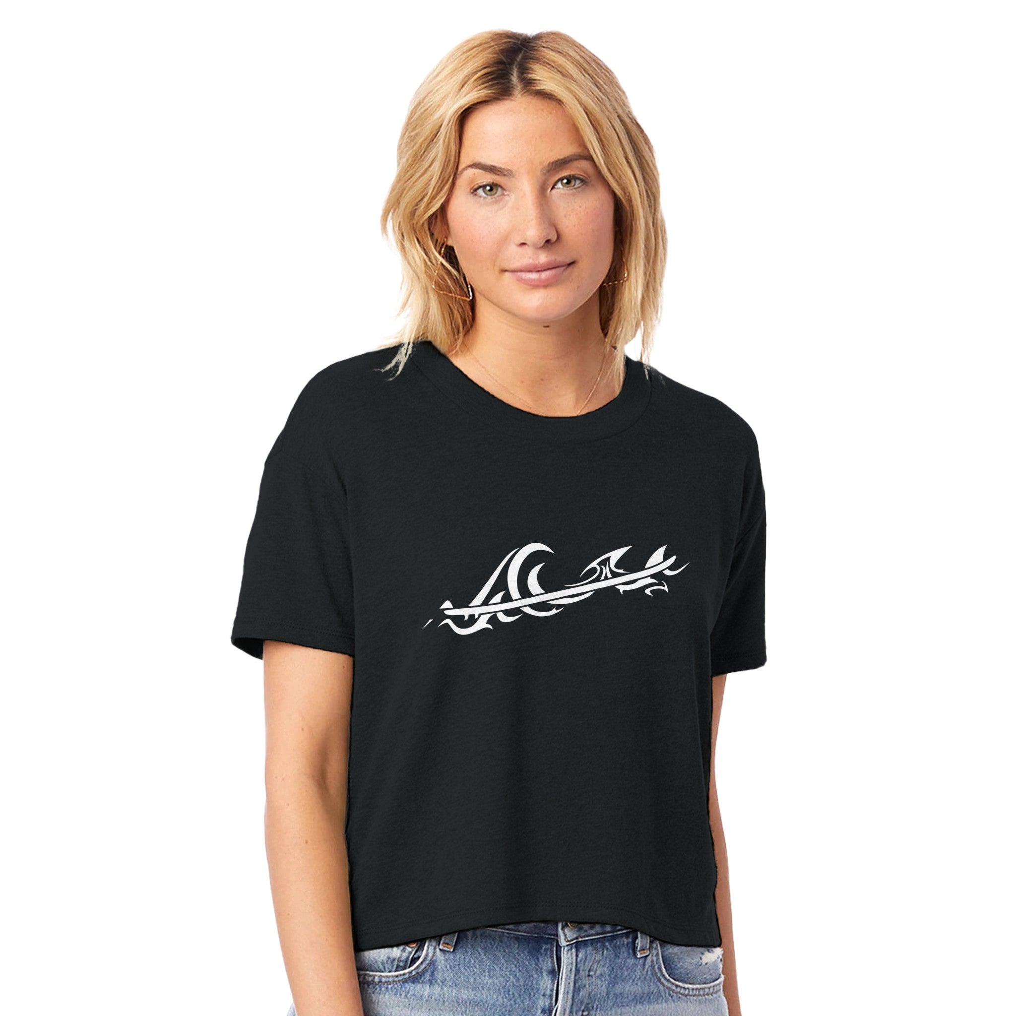 Women's Tribal Surf Wave Graphic Black Crop Top | Street Surf Outfit For Women | Freestyle Tribal Surf Design | Ultra Light and Soft Eco Blend | Relaxed Surf Casual Style by an Indie Artist | Front