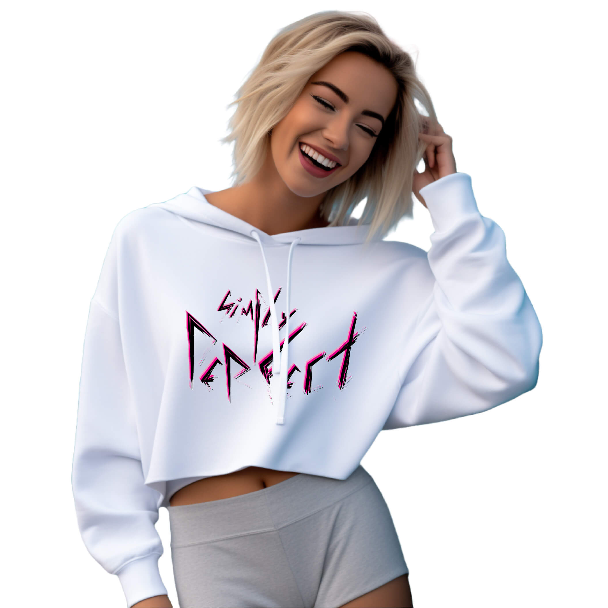 Women’s White Premium Drop Shoulder Crop Hoodie, Simply Perfect Graphic, Front