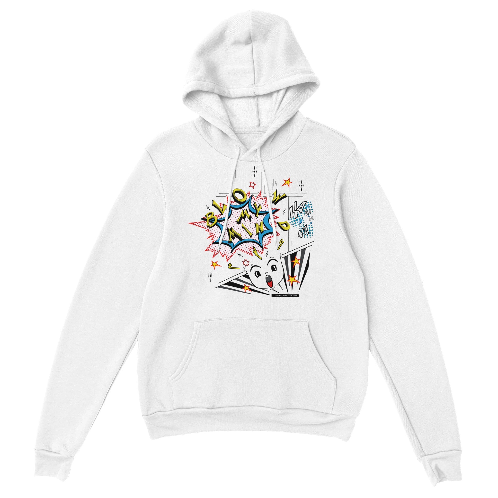 Unisex Blow My Mind Comic White Classic Hoodie, FreeStyle Comic Style Apparel  by an Indie Artist, Front 2