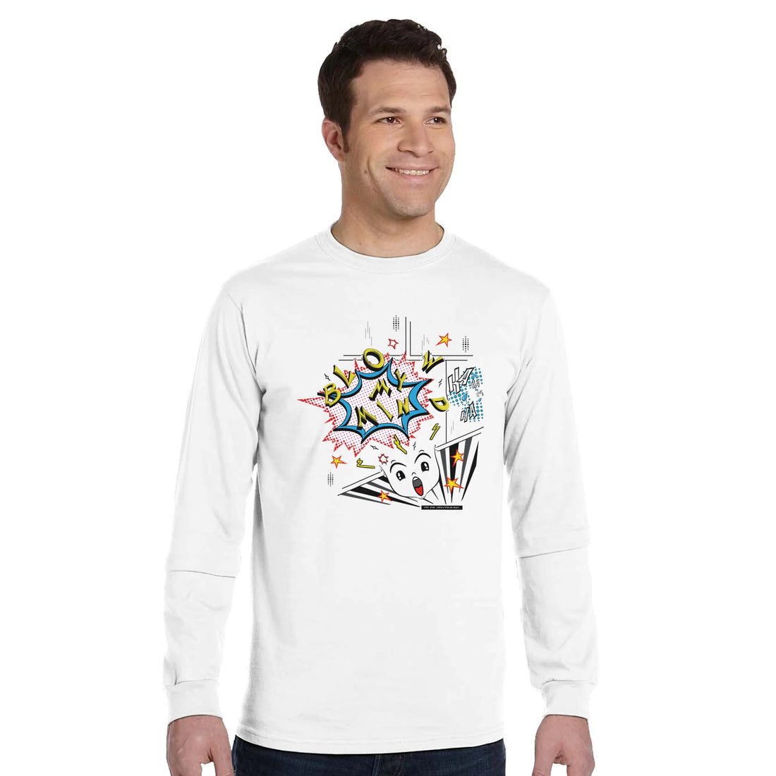 Blow My Mind Comic Style White Long-Sleeve T-shirt | 100% Organic Cotton | Men&
