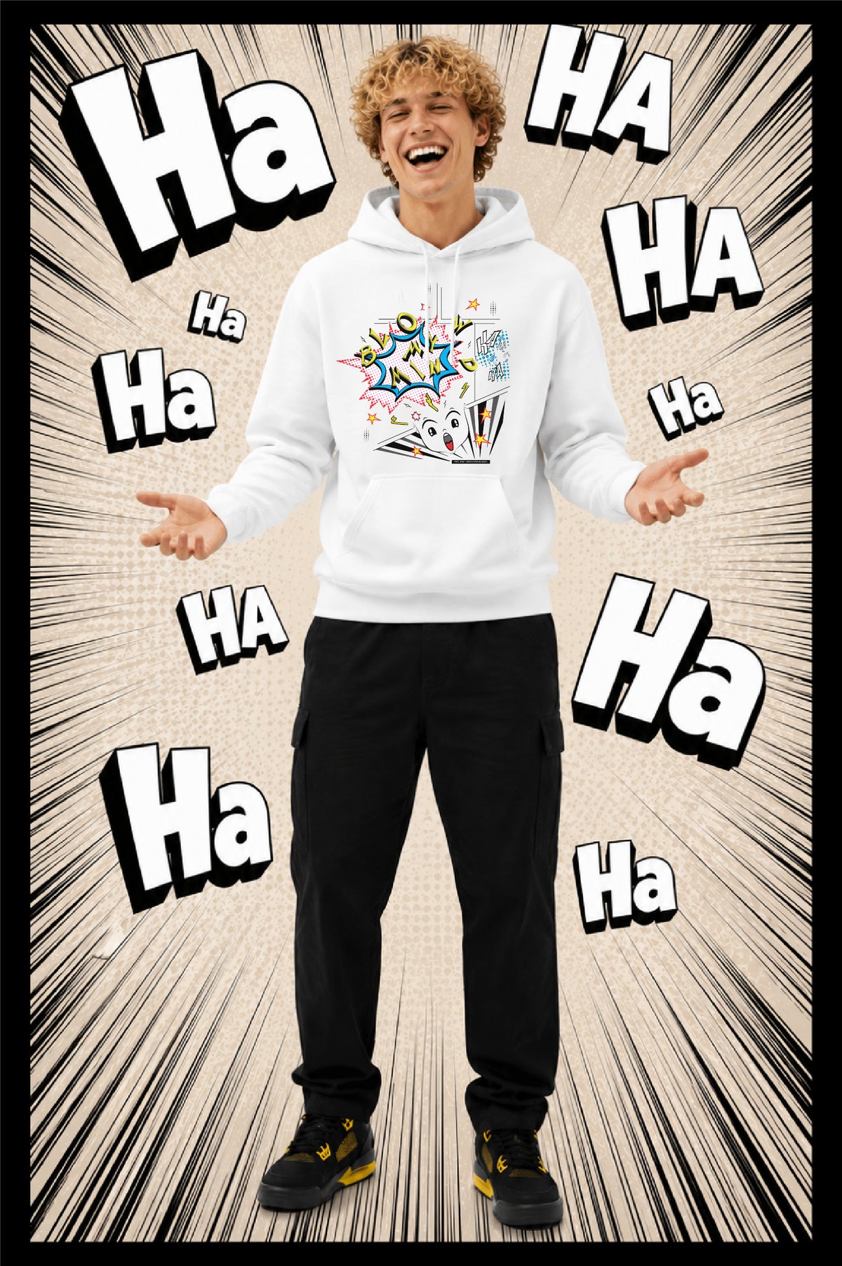 A man wearing a white pullover hoodie with a colorful comic graphic on the chest, paired with black cargo pants and black sneakers with yellow accents. The background is a comic-style black and white burst pattern filled with the word 'Ha Ha'.