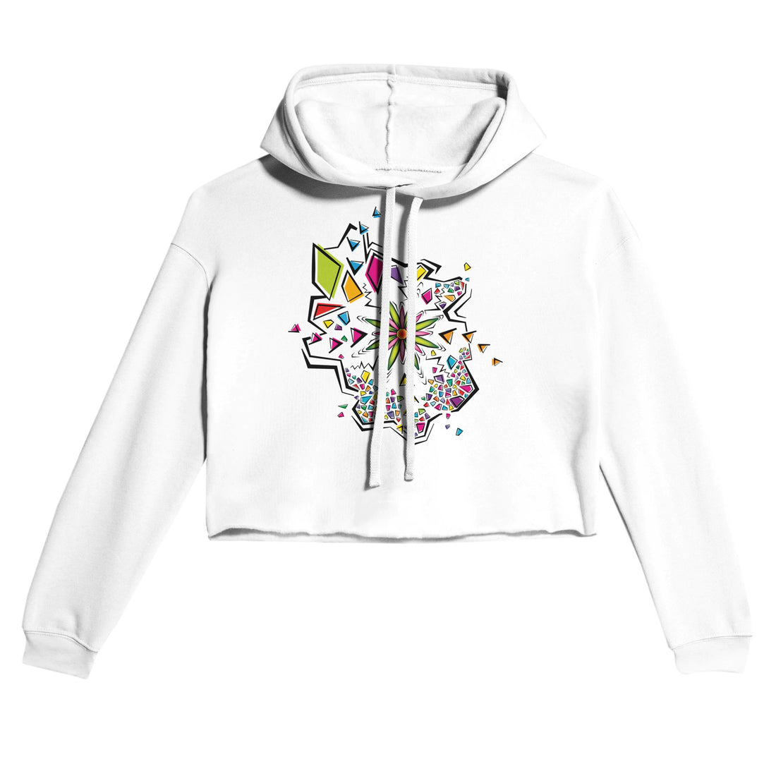 Flower Explosion Colorful Design Light and Soft Premium Cotton-Poly White Crop Hoodie | Women&