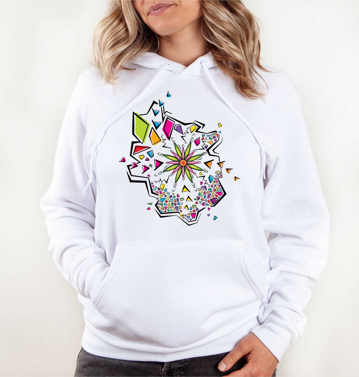 Flower Explosion Design Soft Premium Cotton-Poly Fleece White Hoodie | Colorful Flower Design | Women&