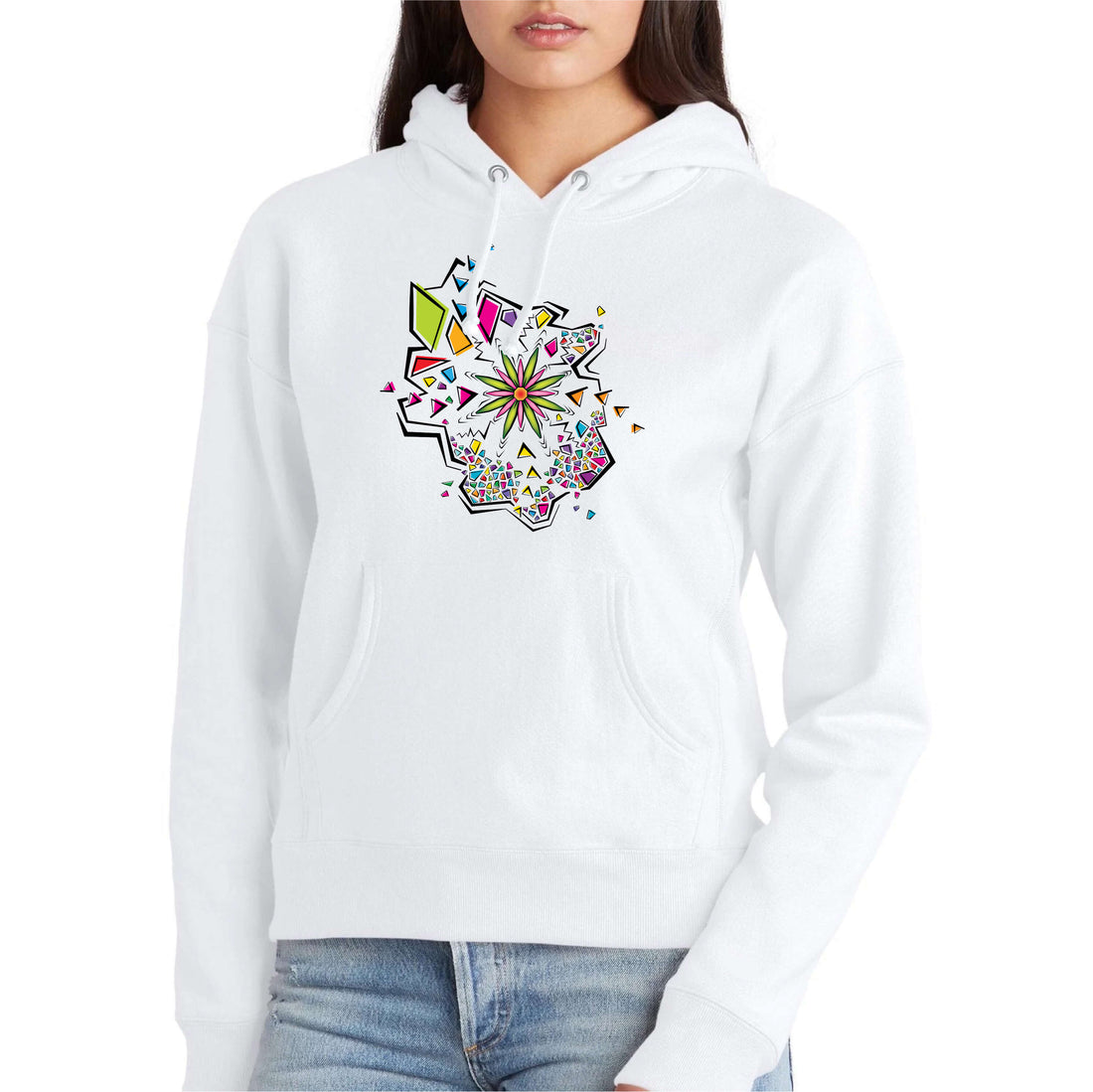 Flower Explosion Design Soft Premium Heavyweight White Hoodie | Colorful Flower Design | Women&