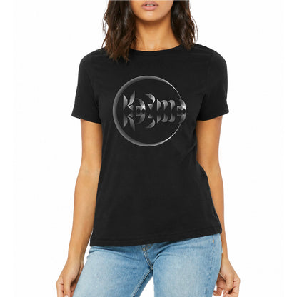 Woman wearing a black t-shirt with a Karma logo on a white background