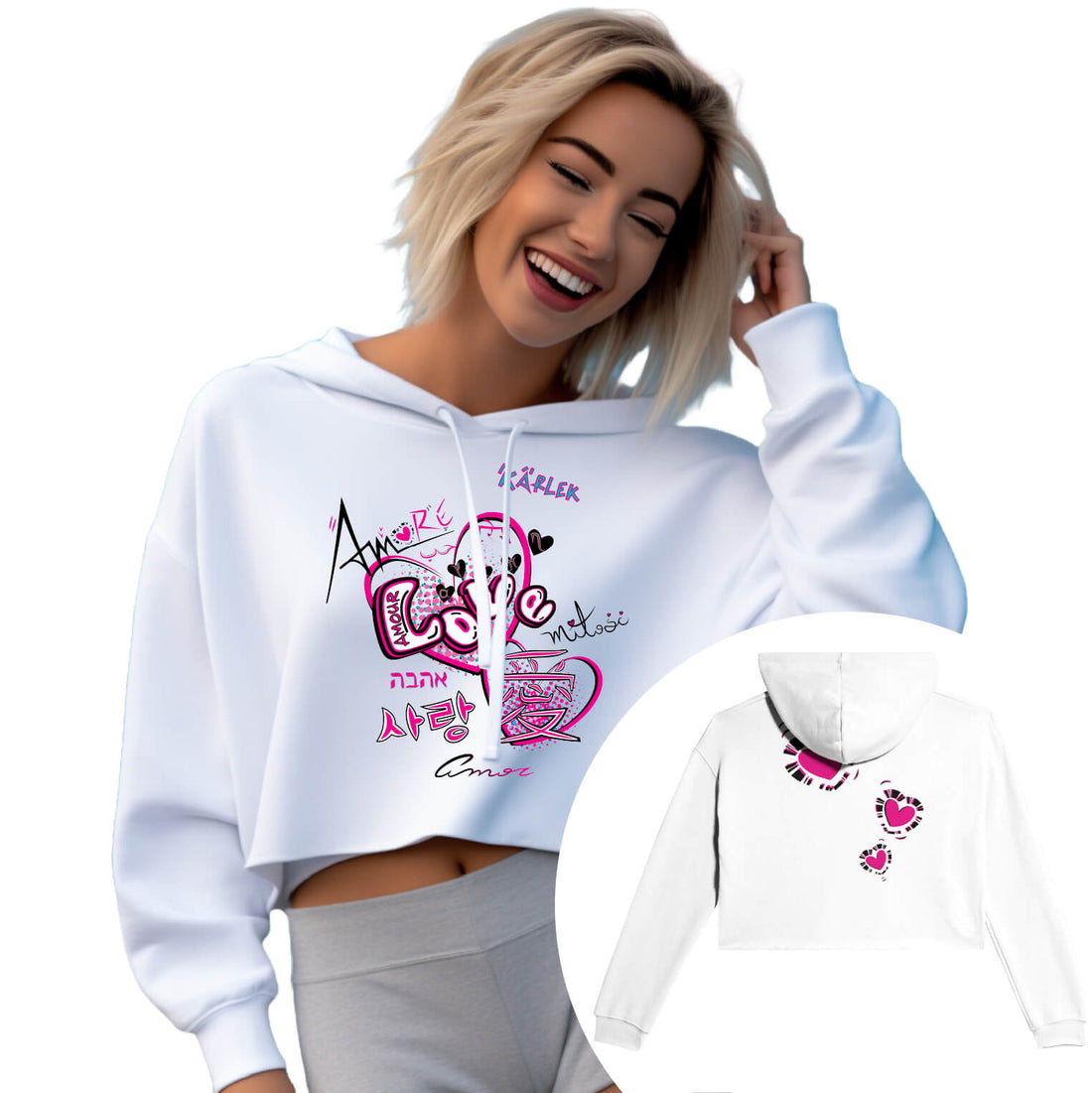 Love is Love White Crop Hoodie | Light and Soft Premium Cotton-Poly Fleece | Women&