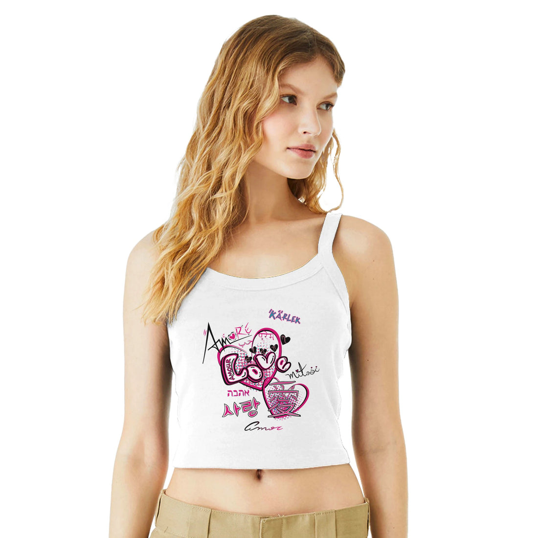 Love is Love White Strap Top | Light and Soft Premium Cotton-Poly Blend | Love in many Languages | Women&