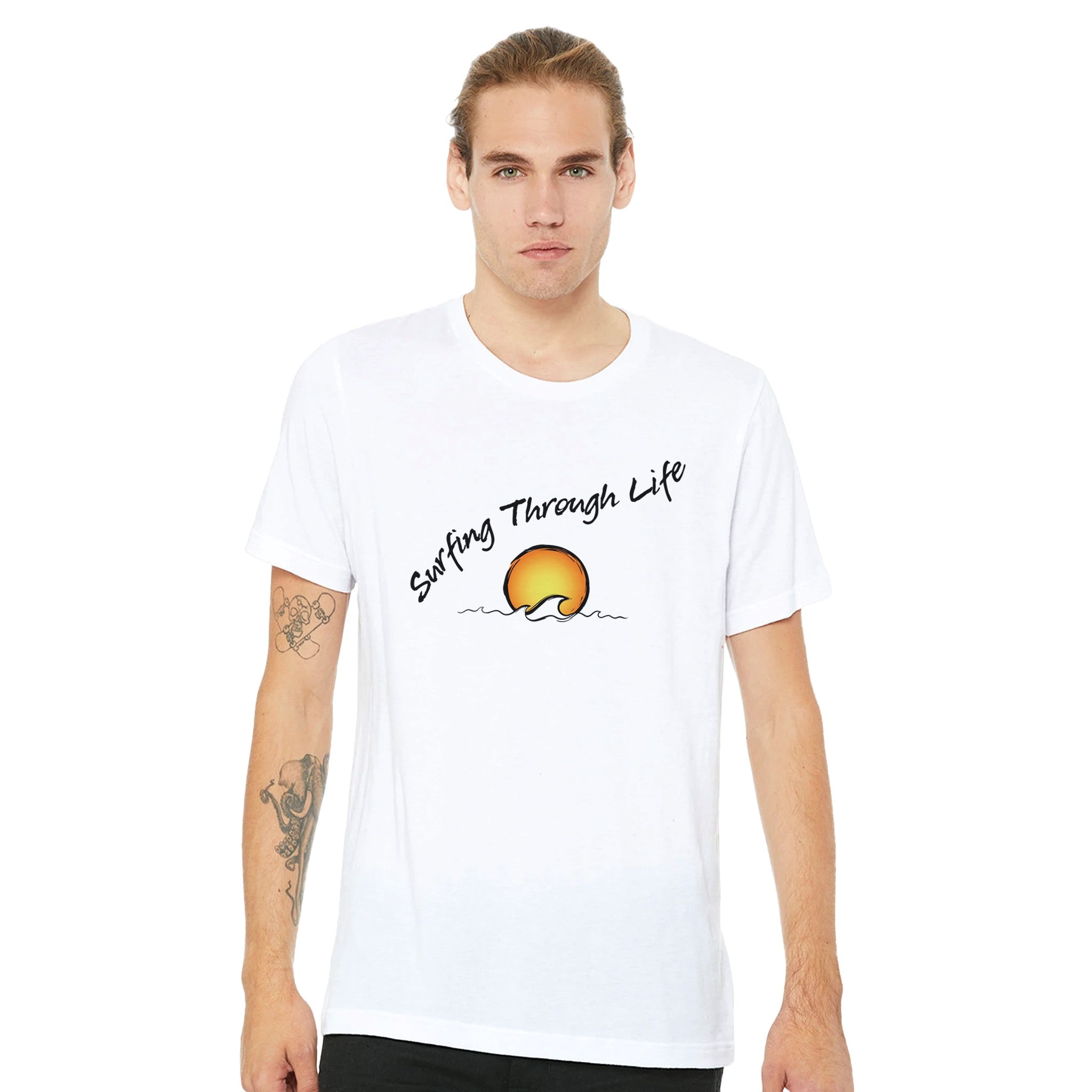 Men's Beach Slogan White T-shirt 'Surfing Through Life' | Street Surf Outfit For Men | | 100% Premium Cotton | Fashion Street Ocean Design by Indie Artist | Front