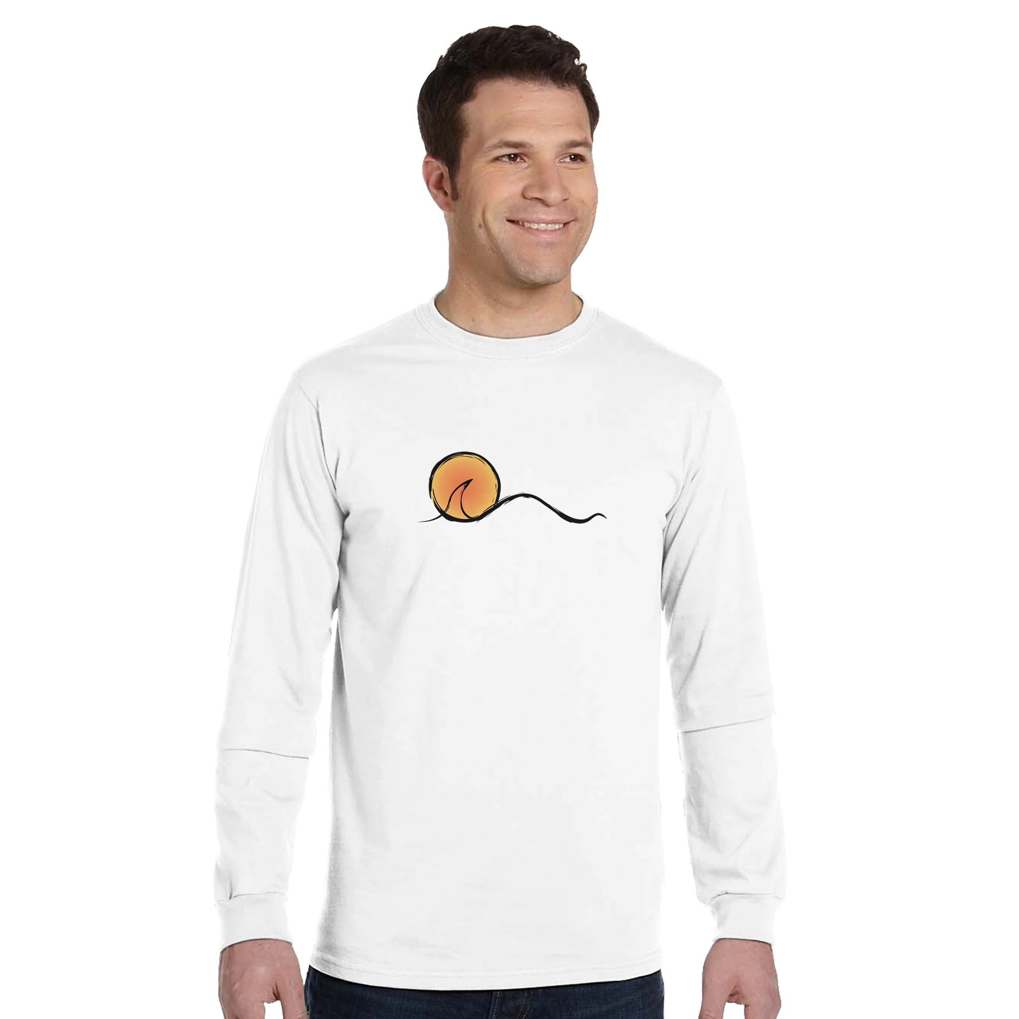 Men's Sunset Graphic White Long-Sleeve T-shirt | Street Surf Outfit For Men | Freestyle Sunset Design | 100% Organic Cotton | Beach Fashion Urban Look by an Indie Artist | Front