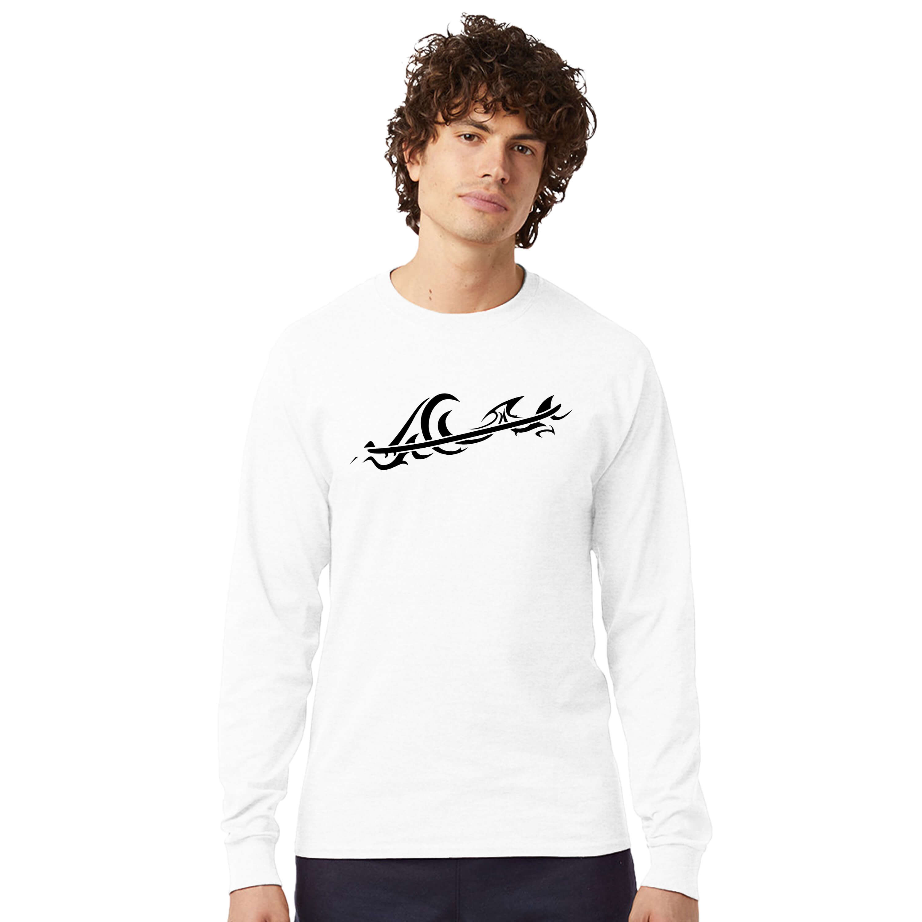 Men's Tribal Surf Wave Graphic White Long-Sleeve T-Shirt | Street Surf Outfit For Men | Freestyle Tribal Surf Design | 100% Cotton Classic Midweight | Laidback Ocean Fashion Style by an Indie Artist | Front