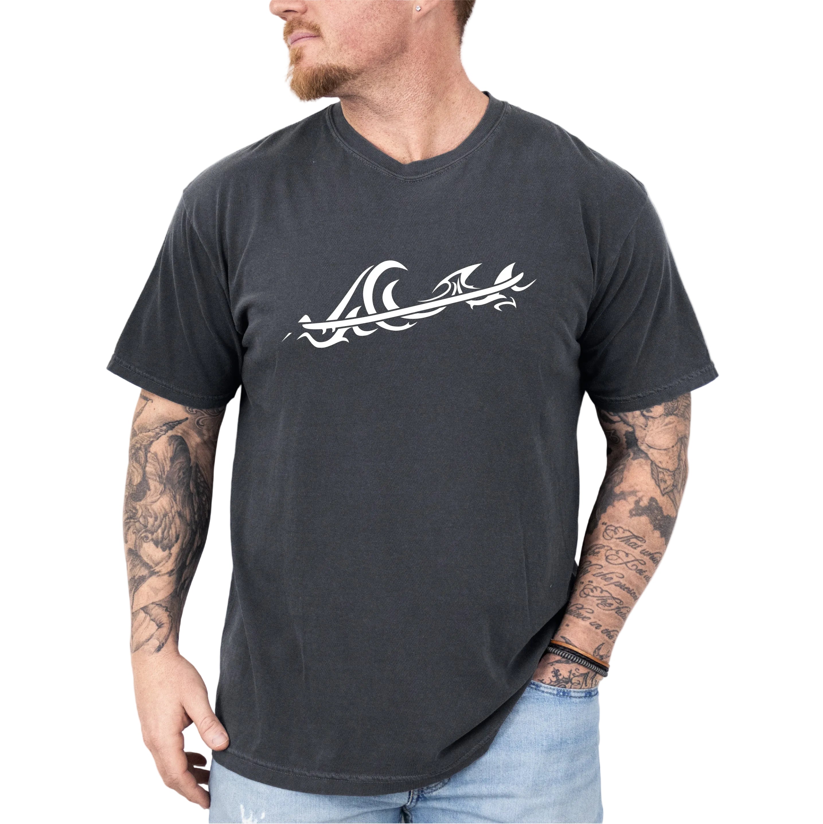 Men's Tribal Wave Heavyweight Washed Style Pepper T-shirt, FreeStyle Tribal Surf Apparel by an Indie Artist, Front