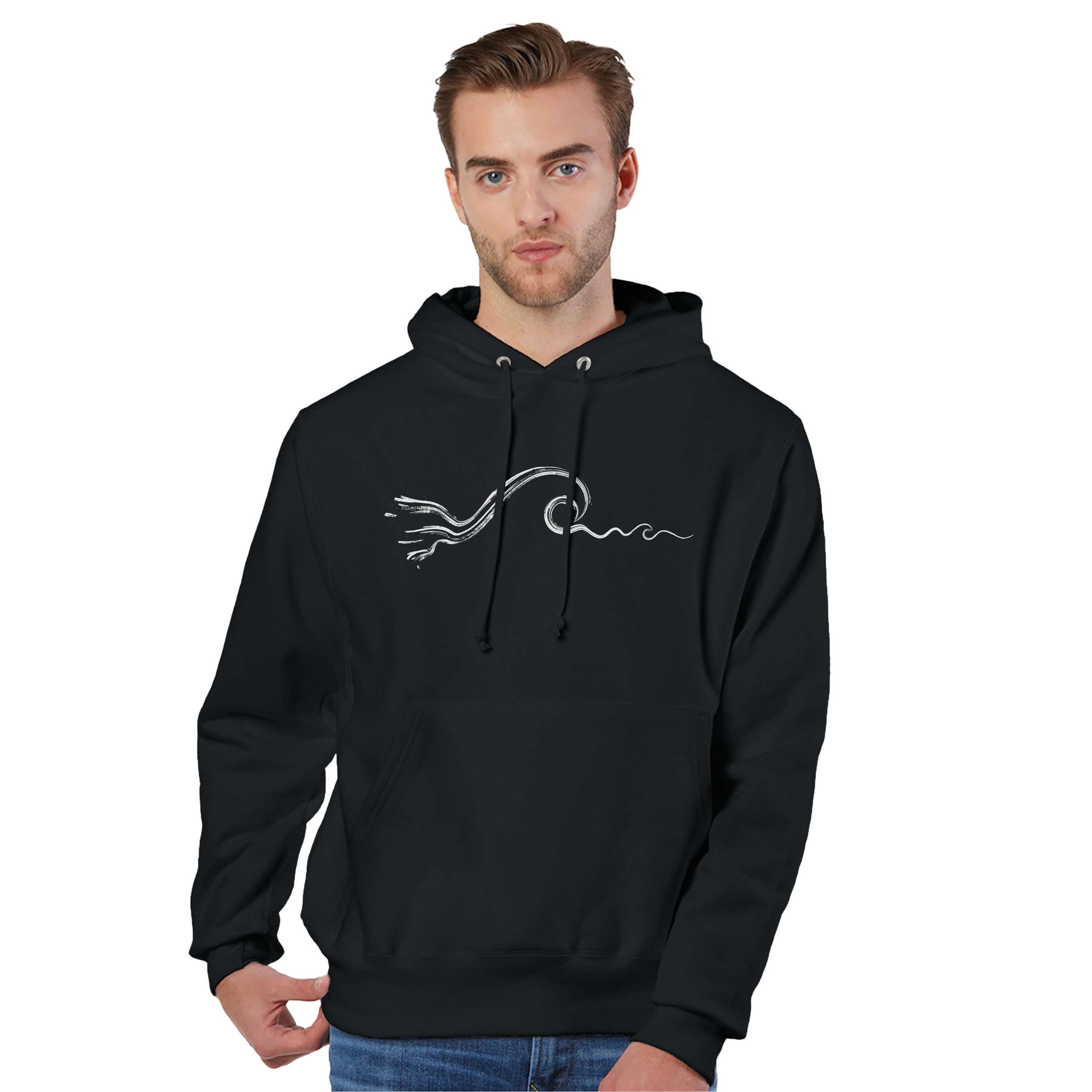 Men's Wave Heavyweight Black Hoodie, FreeStyle Surf Apparel by an Indie Artist, Front 