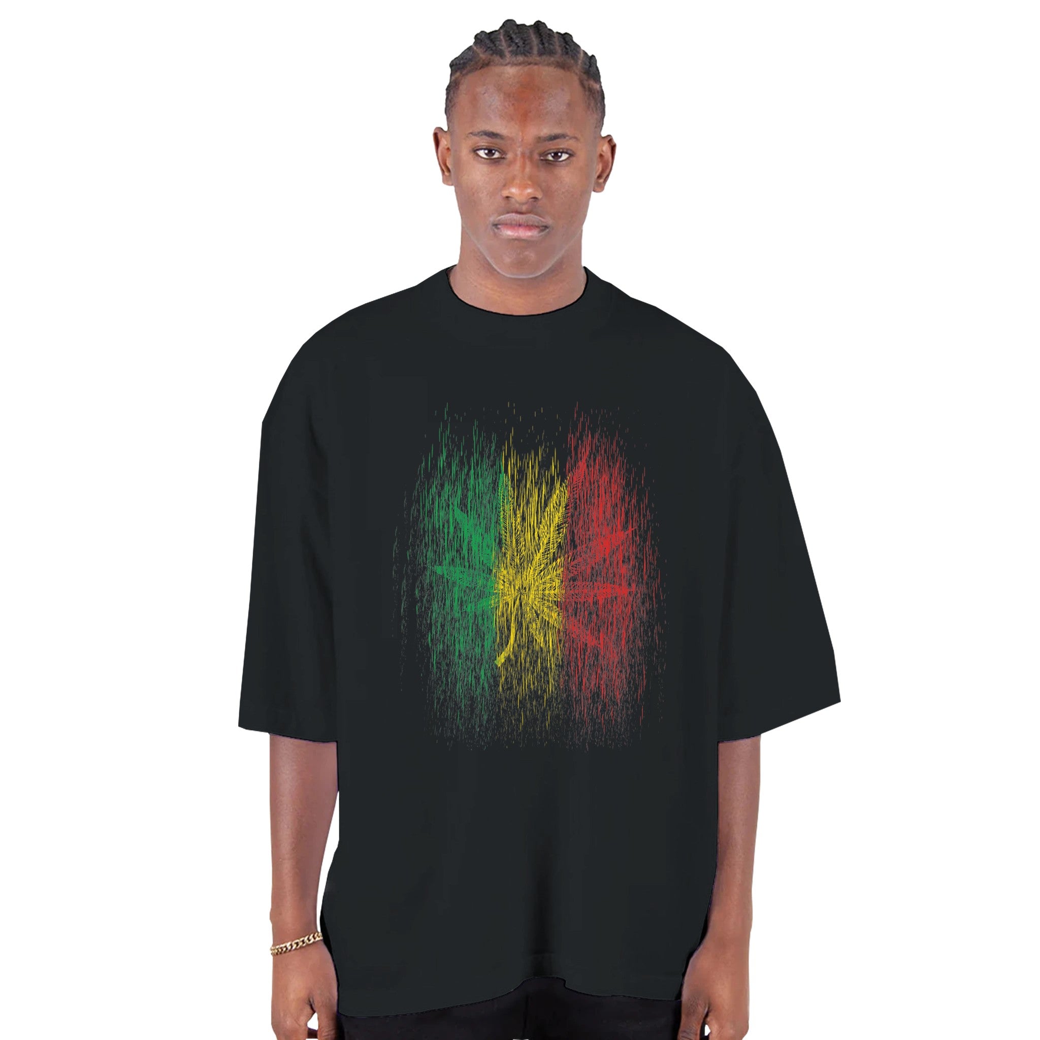 Men's 420 Weed Oversized Black T-shirt, FreeStyle 420 Weed Apparel 'La Folhita' by an Indie Artist, Front